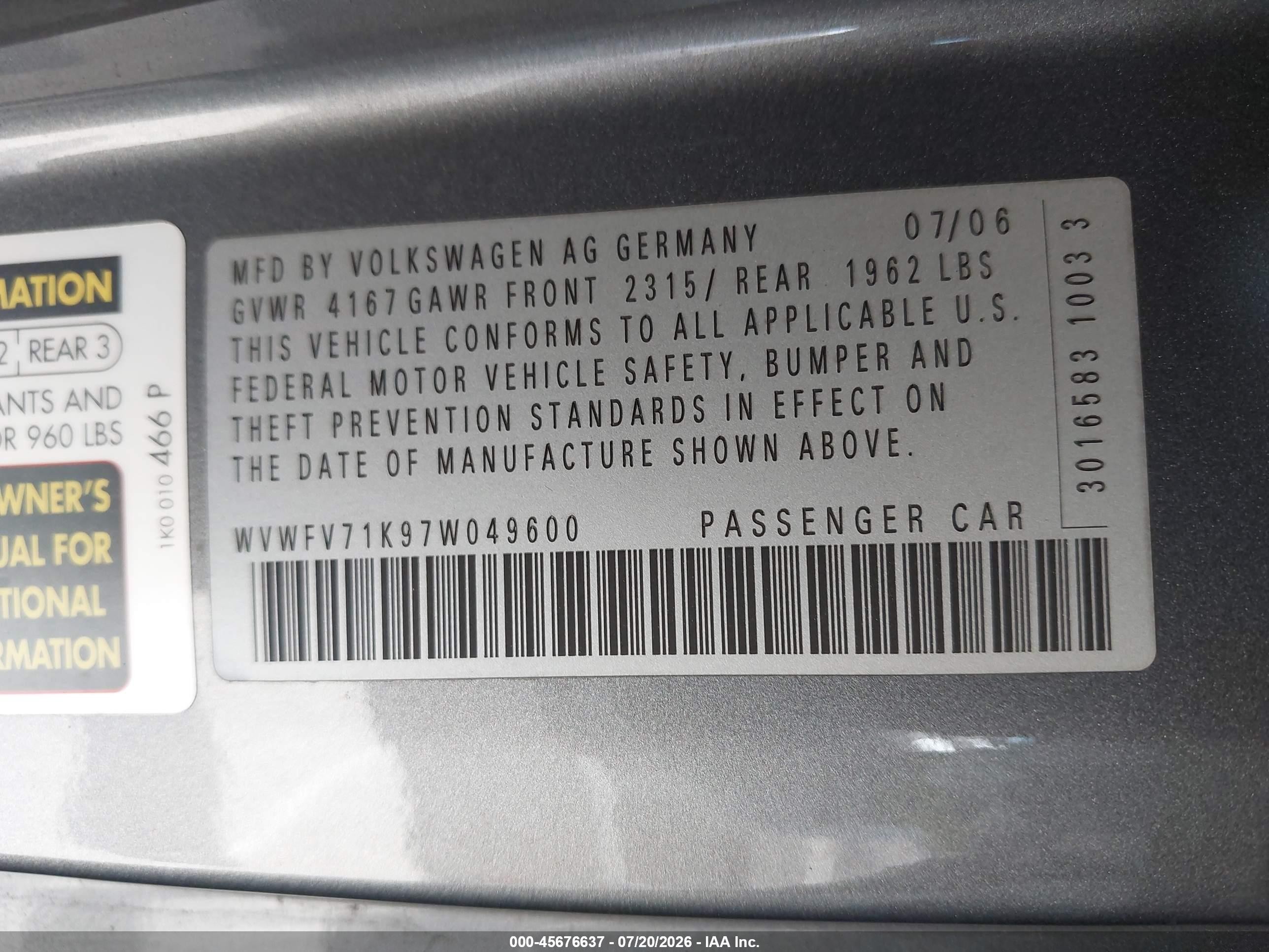2007 Volkswagen Gti 2-door (a6)/fahrenheit Gray vin: WVWFV71K97W049600