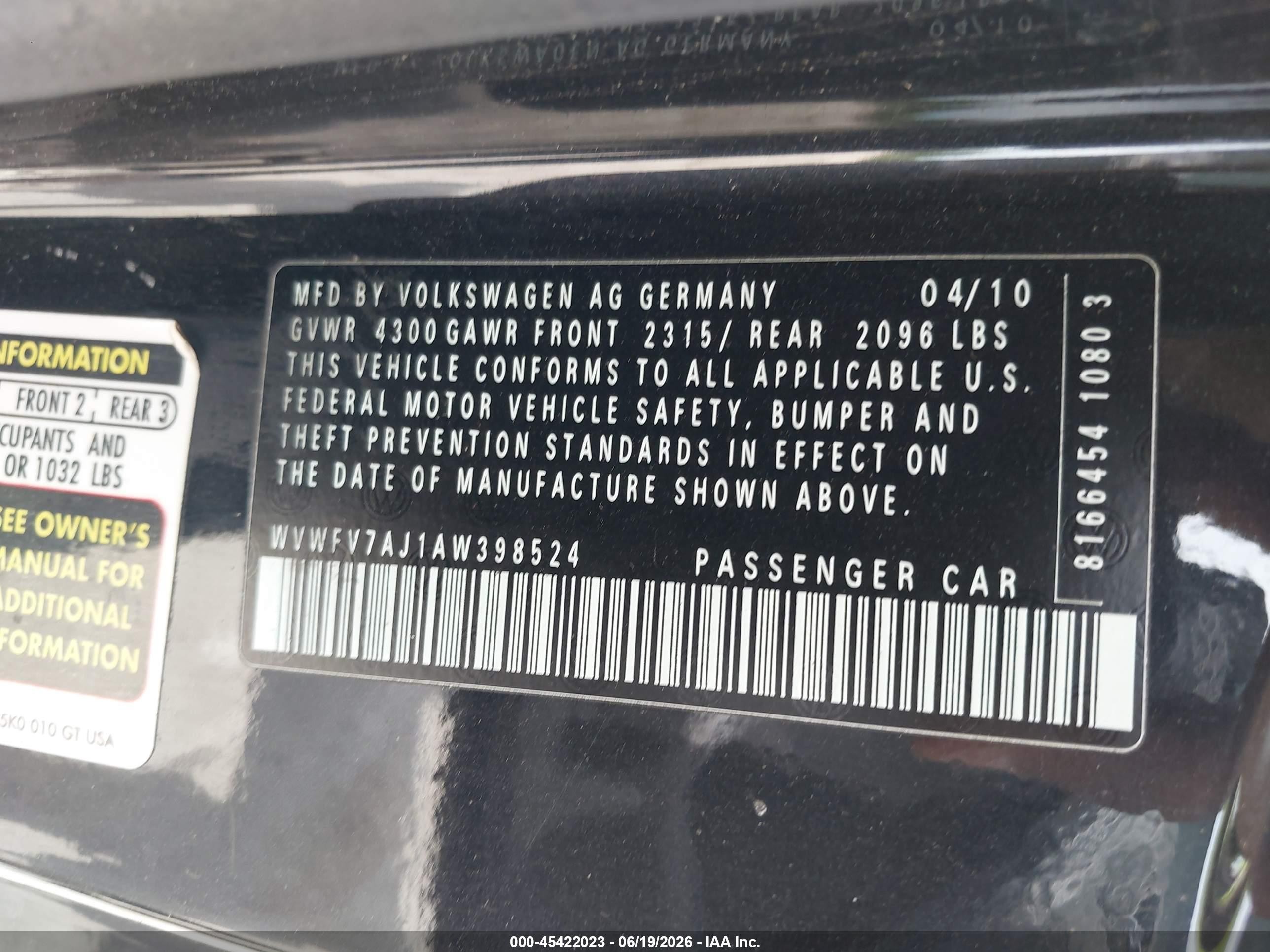 2010 Volkswagen Gti 2-door Black vin: WVWFV7AJ1AW398524