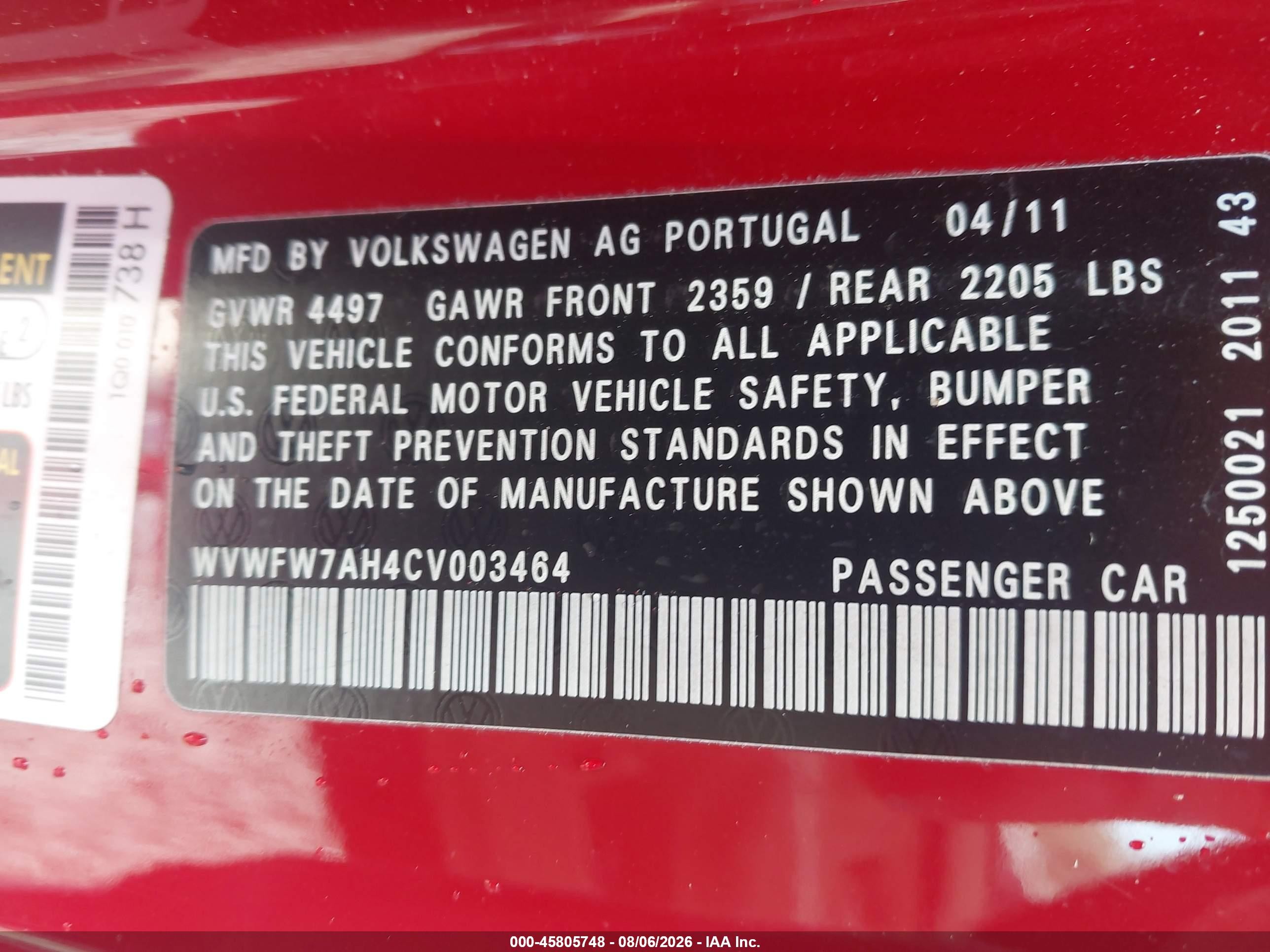2012 Volkswagen Eos Lux Red vin: WVWFW7AH4CV003464
