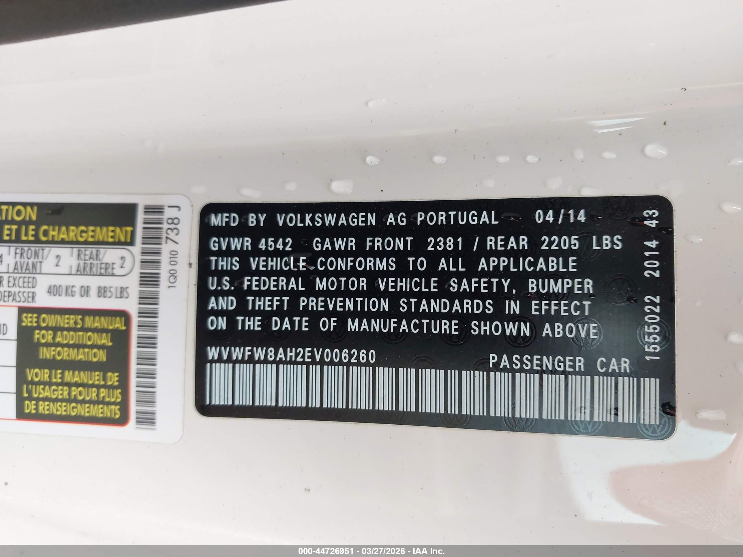 2014 Volkswagen Eos Executive White vin: WVWFW8AH2EV006260
