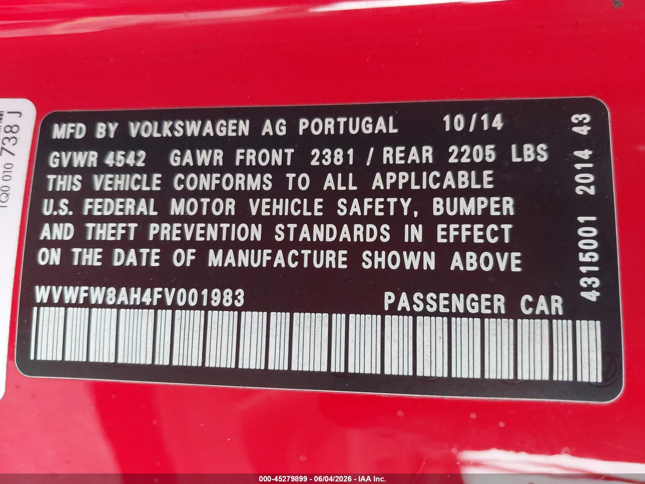 2015 Volkswagen Eos Executive Edition Red vin: WVWFW8AH4FV001983