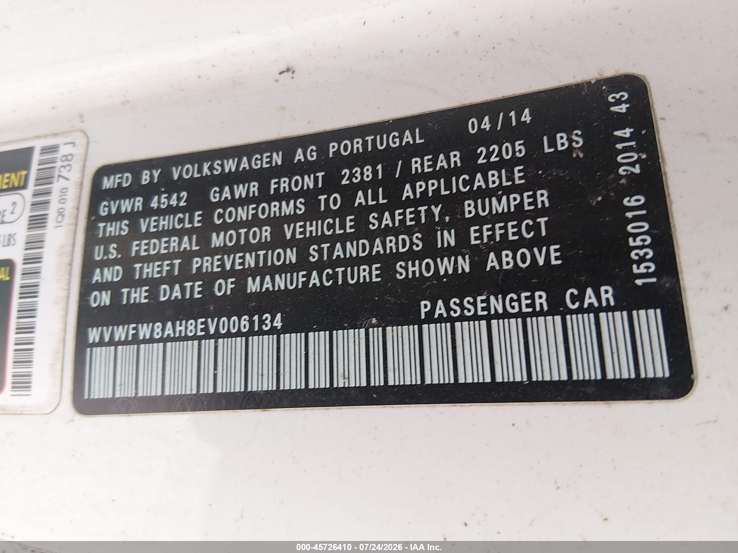 2014 Volkswagen Eos Executive White vin: WVWFW8AH8EV006134