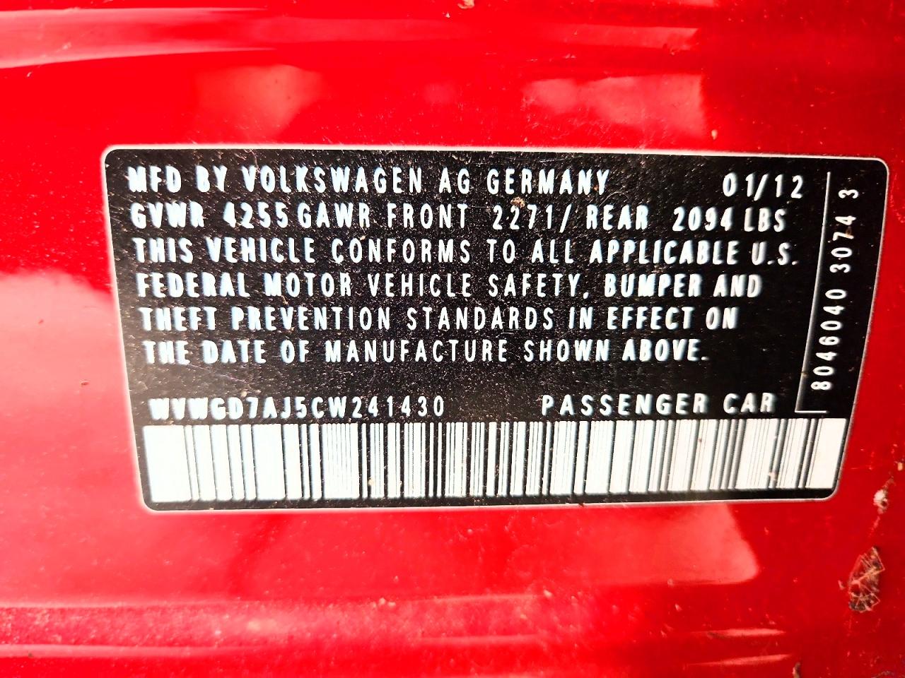 2012 Volkswagen Gti Red vin: WVWGD7AJ5CW241430