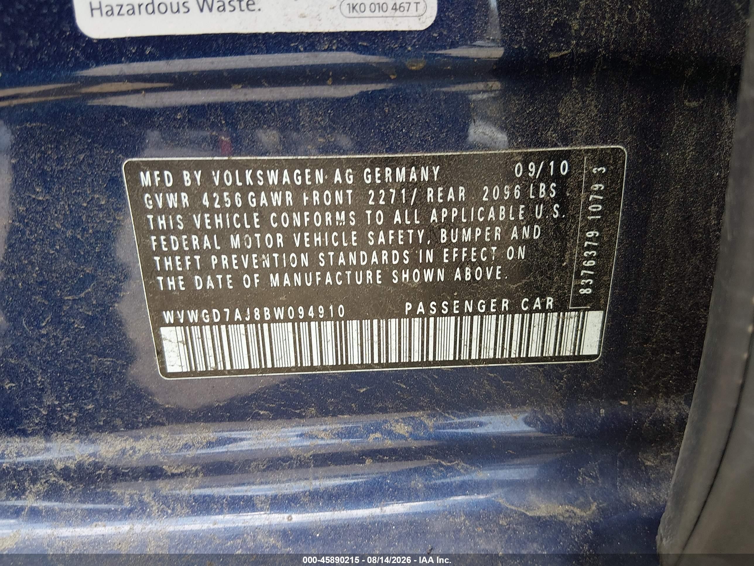 2011 Volkswagen Gti 4-door Синий vin: WVWGD7AJ8BW094910