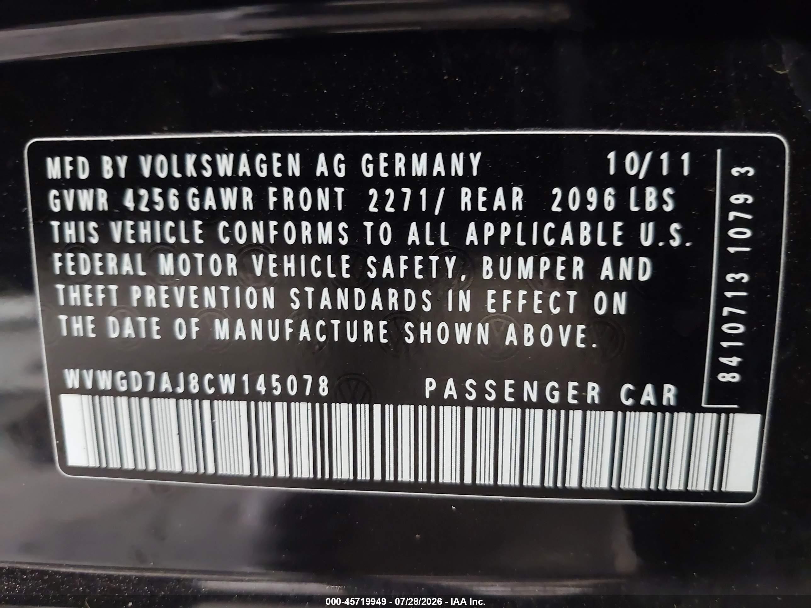 2012 Volkswagen Gti 4-door/4-door Autobahn Black vin: WVWGD7AJ8CW145078