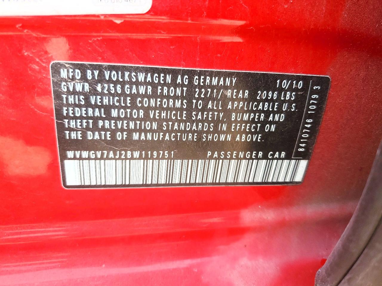 2011 Volkswagen Gti Red vin: WVWGV7AJ2BW119751
