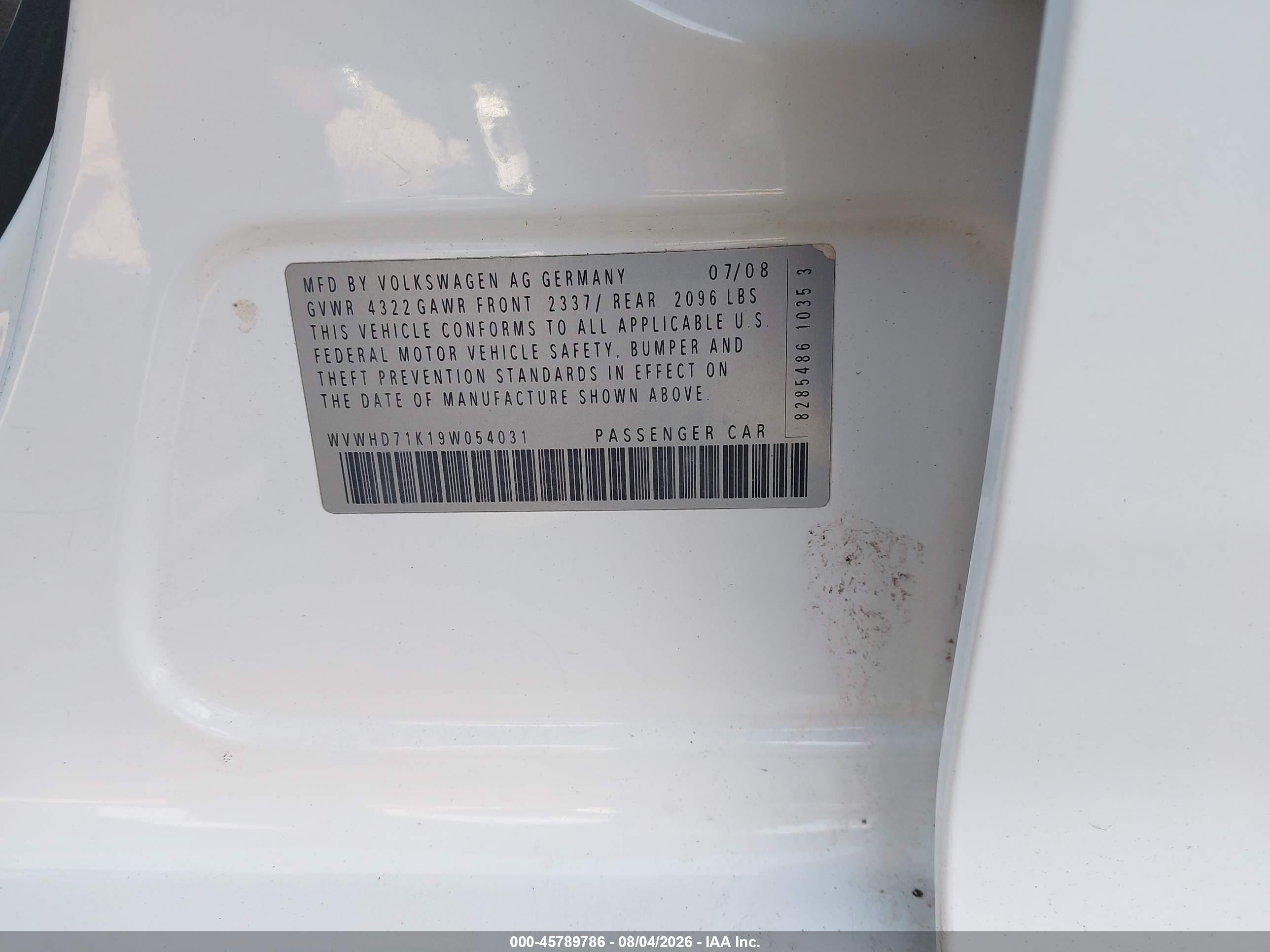 2009 Volkswagen Gti 4-door White vin: WVWHD71K19W054031