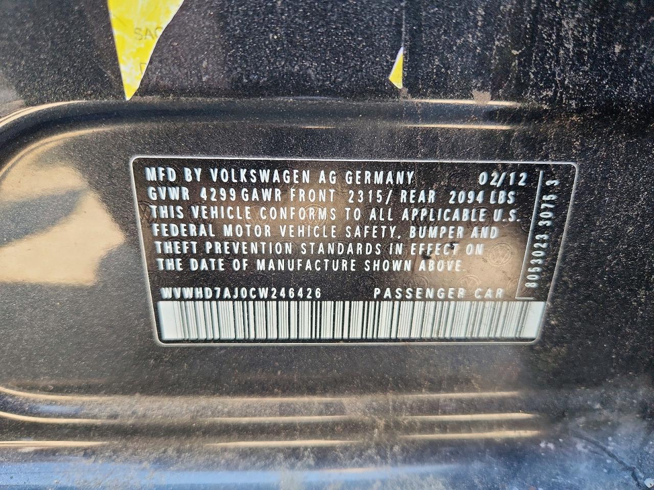 2012 Volkswagen Gti Black vin: WVWHD7AJ0CW246426