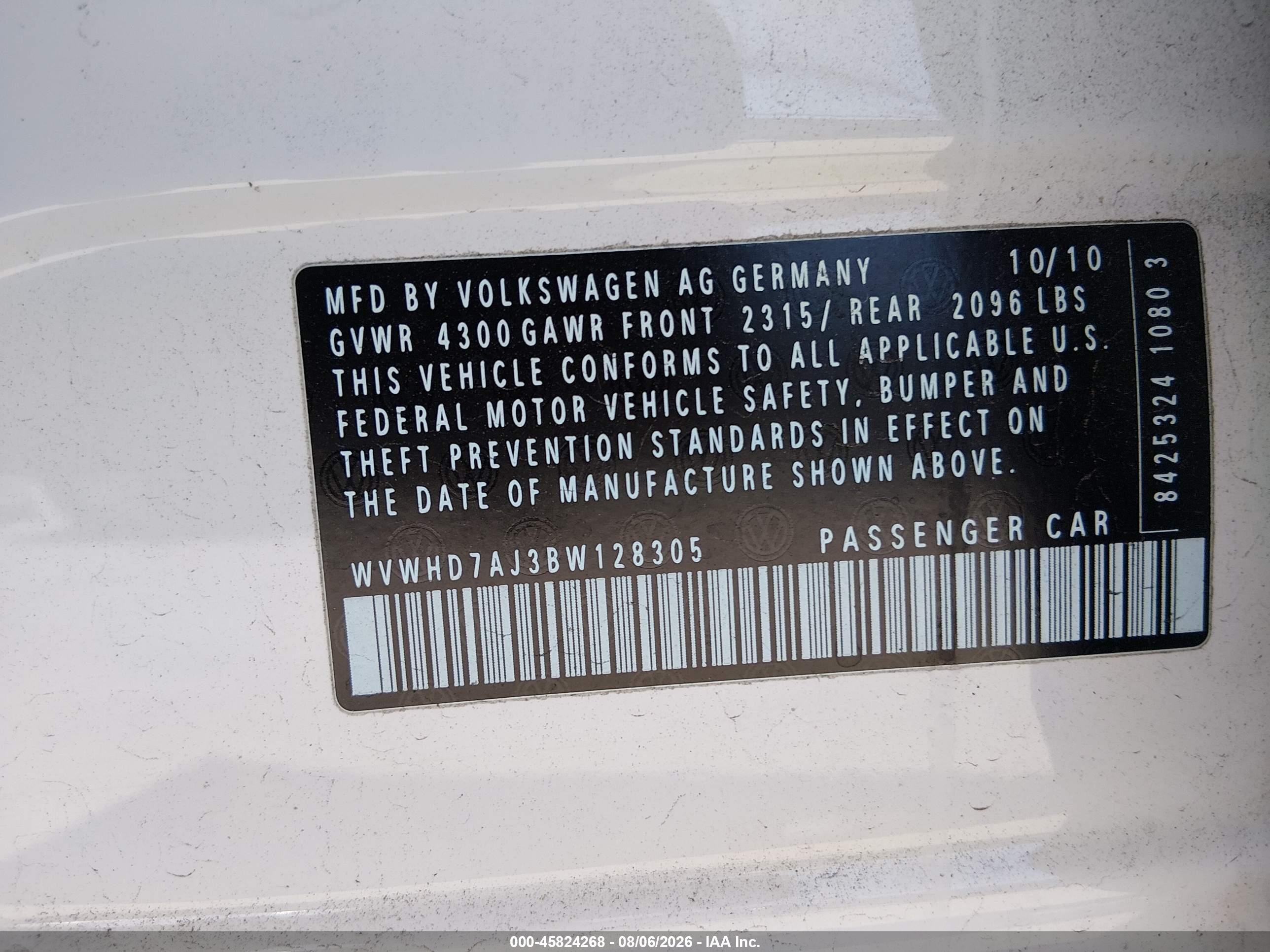 2011 Volkswagen Gti 4-door White vin: WVWHD7AJ3BW128305