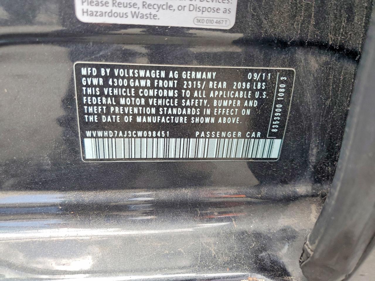 2011 Volkswagen Gti Gray vin: WVWHD7AJ3CW098451