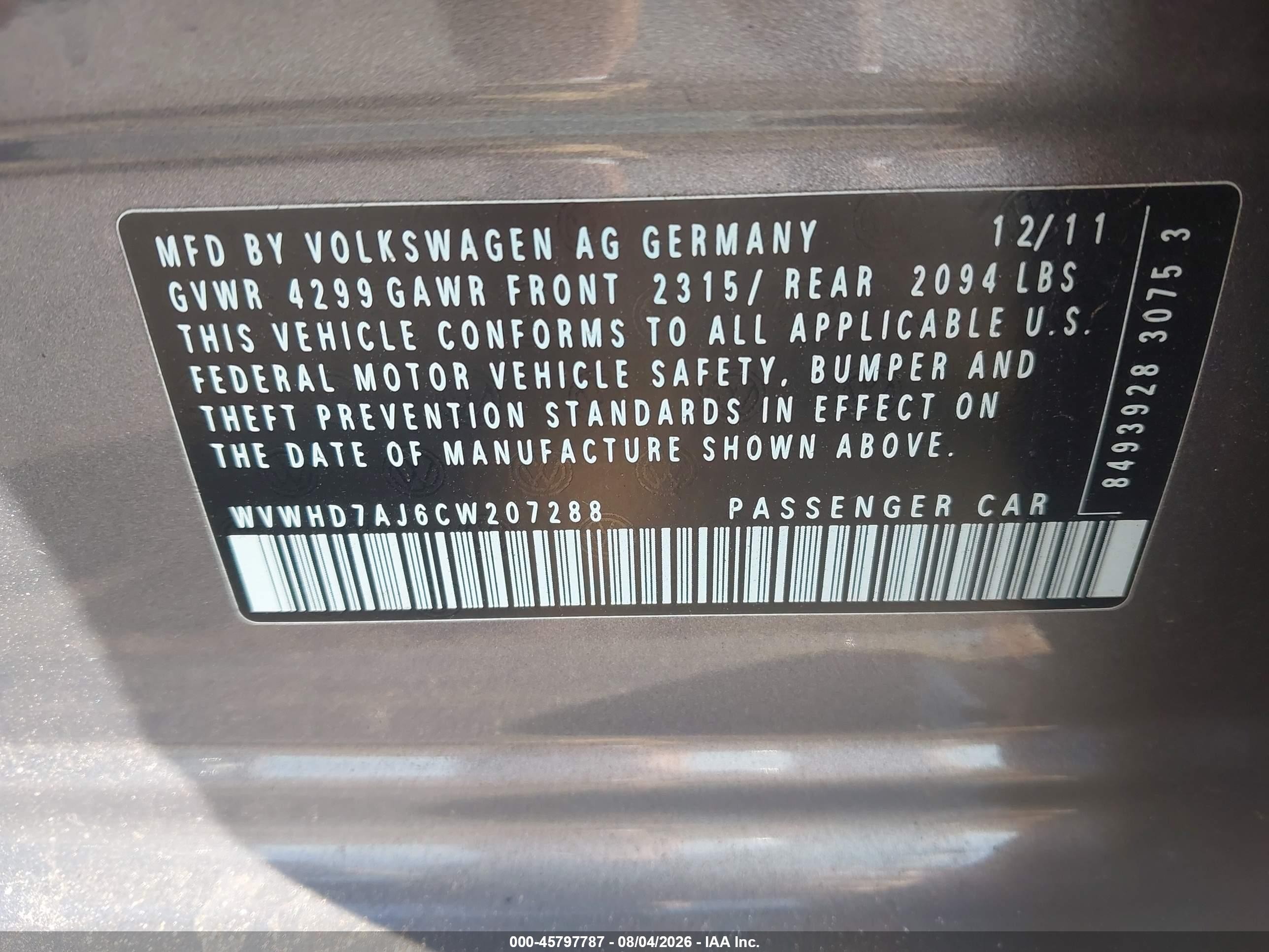 2012 Volkswagen Gti 4-door Серый vin: WVWHD7AJ6CW207288
