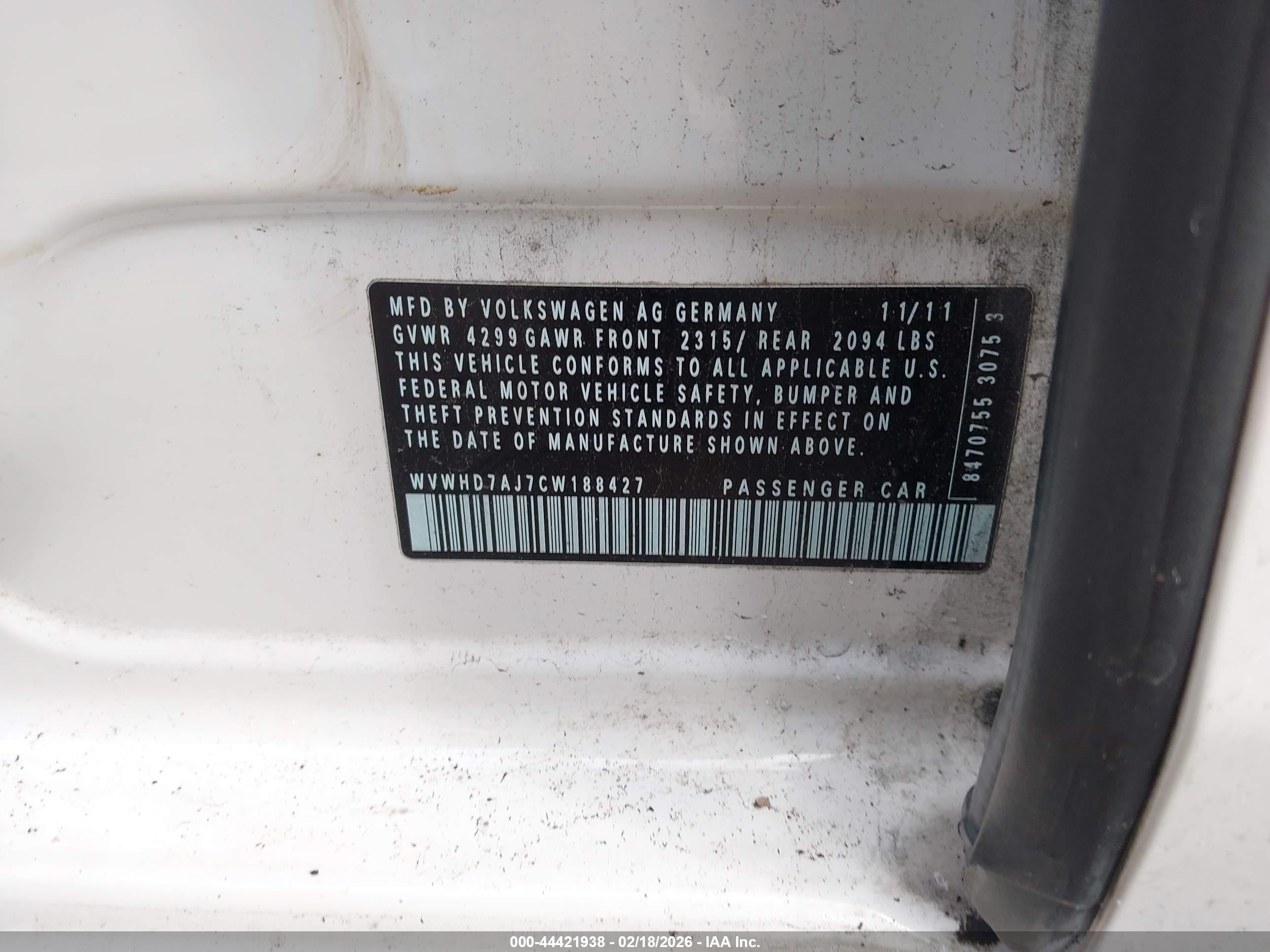 2012 Volkswagen Gti 4-door White vin: WVWHD7AJ7CW188427