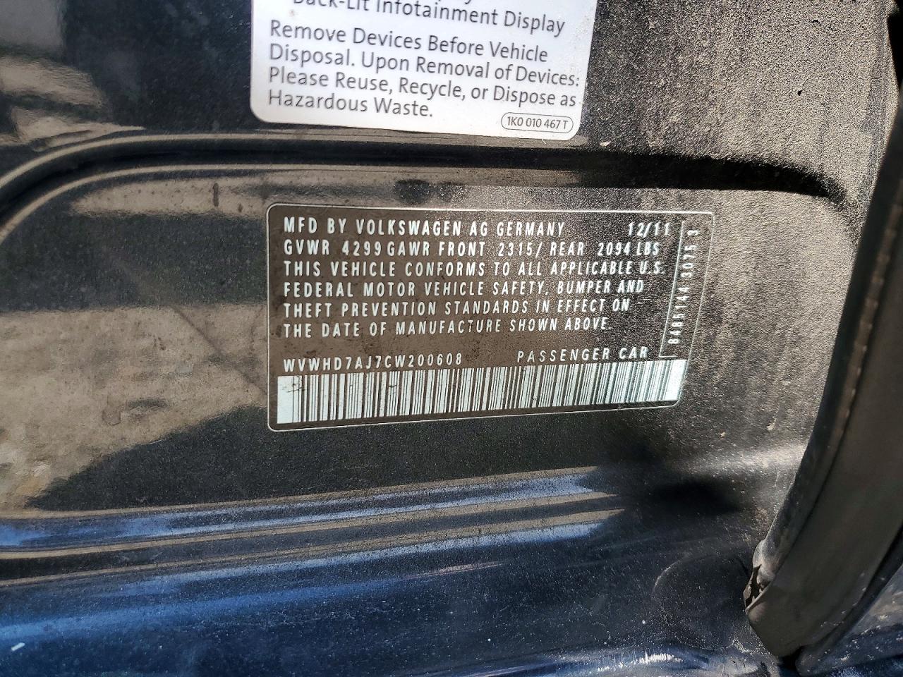 2012 Volkswagen Gti Black vin: WVWHD7AJ7CW200608