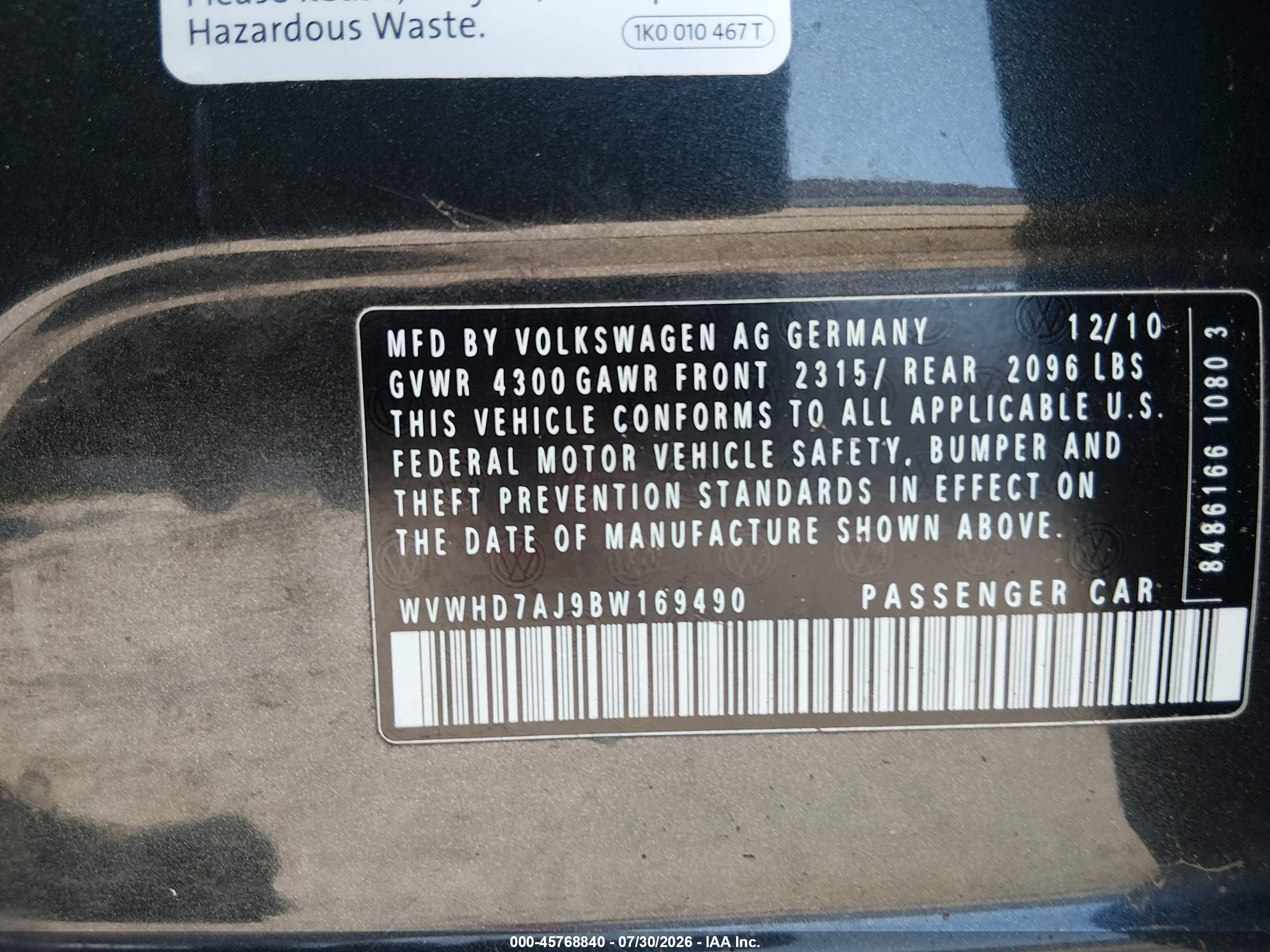 2011 Volkswagen Gti 4-door Autobahn Черный vin: WVWHD7AJ9BW169490