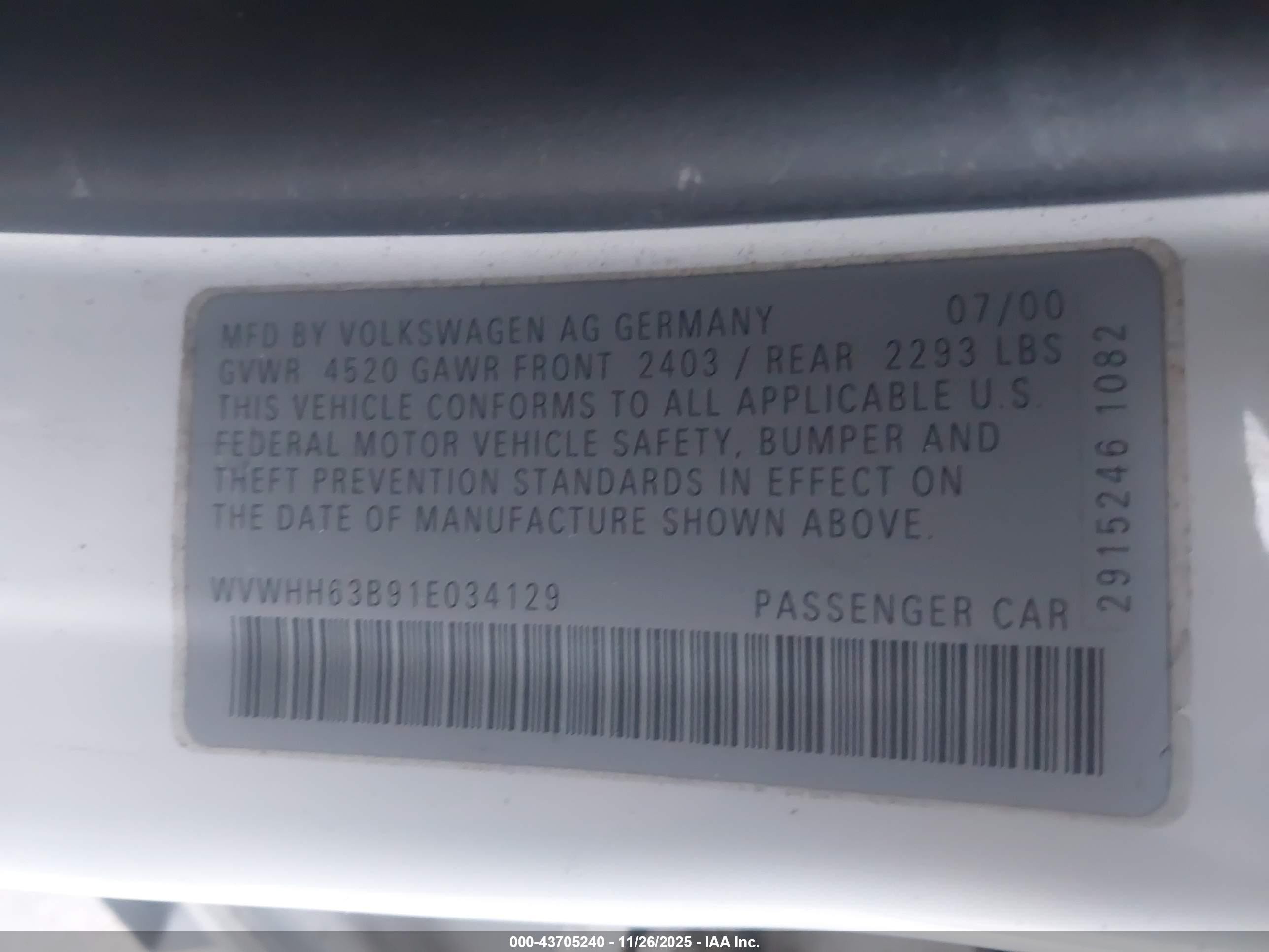 2001 Volkswagen Passat Gls V6 White vin: WVWHH63B91E034129