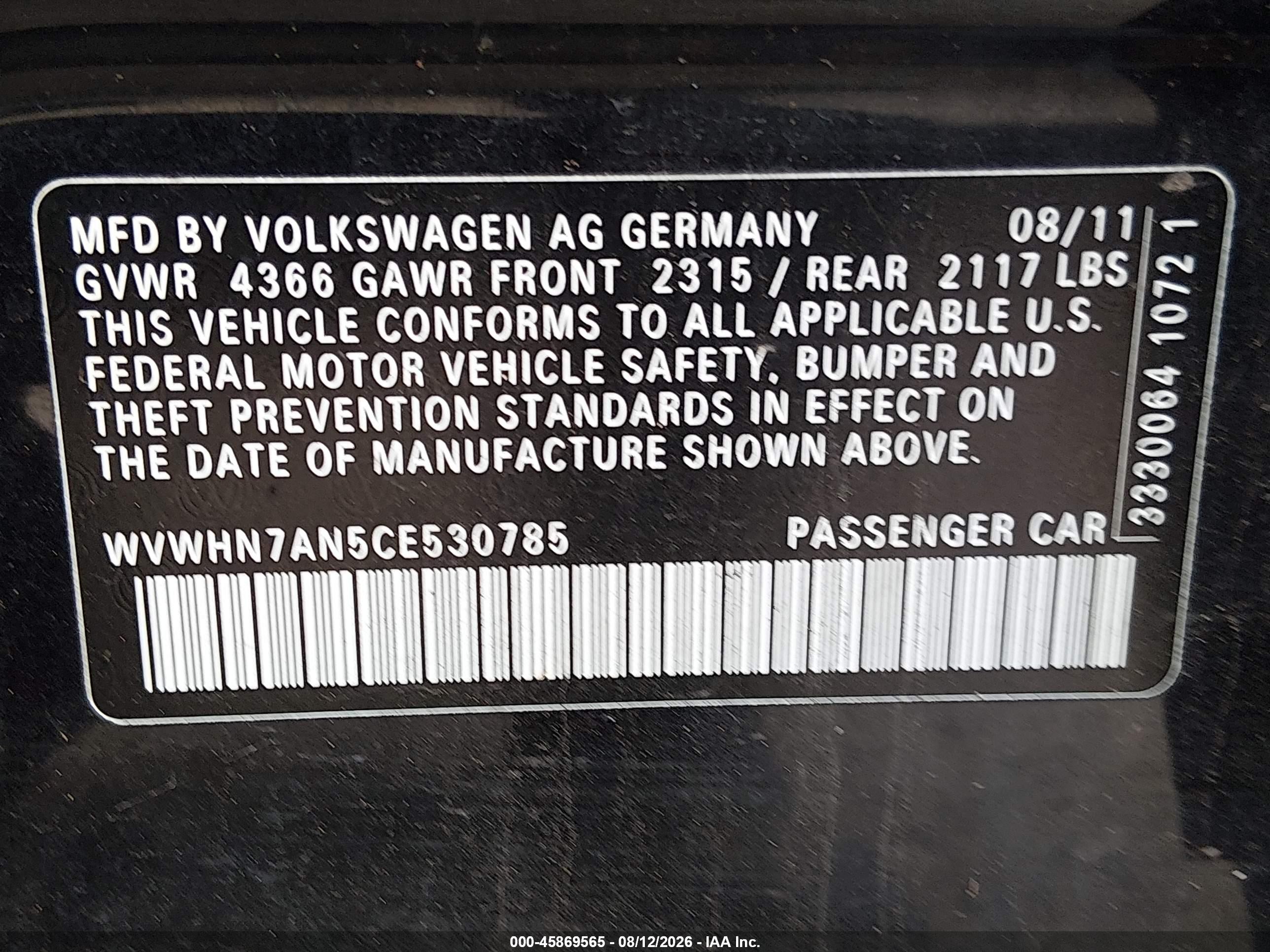 2012 Volkswagen Cc Lux Plus Black vin: WVWHN7AN5CE530785