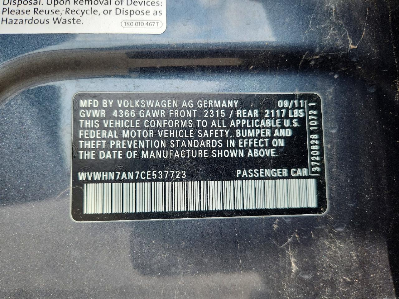 2012 Volkswagen Cc Luxury Charcoal vin: WVWHN7AN7CE537723