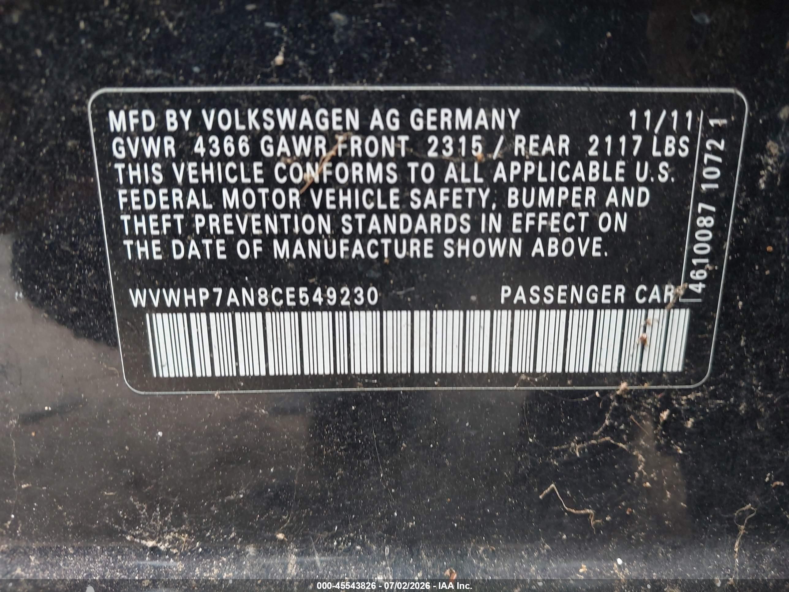2012 Volkswagen Cc Lux Plus Black vin: WVWHP7AN8CE549230