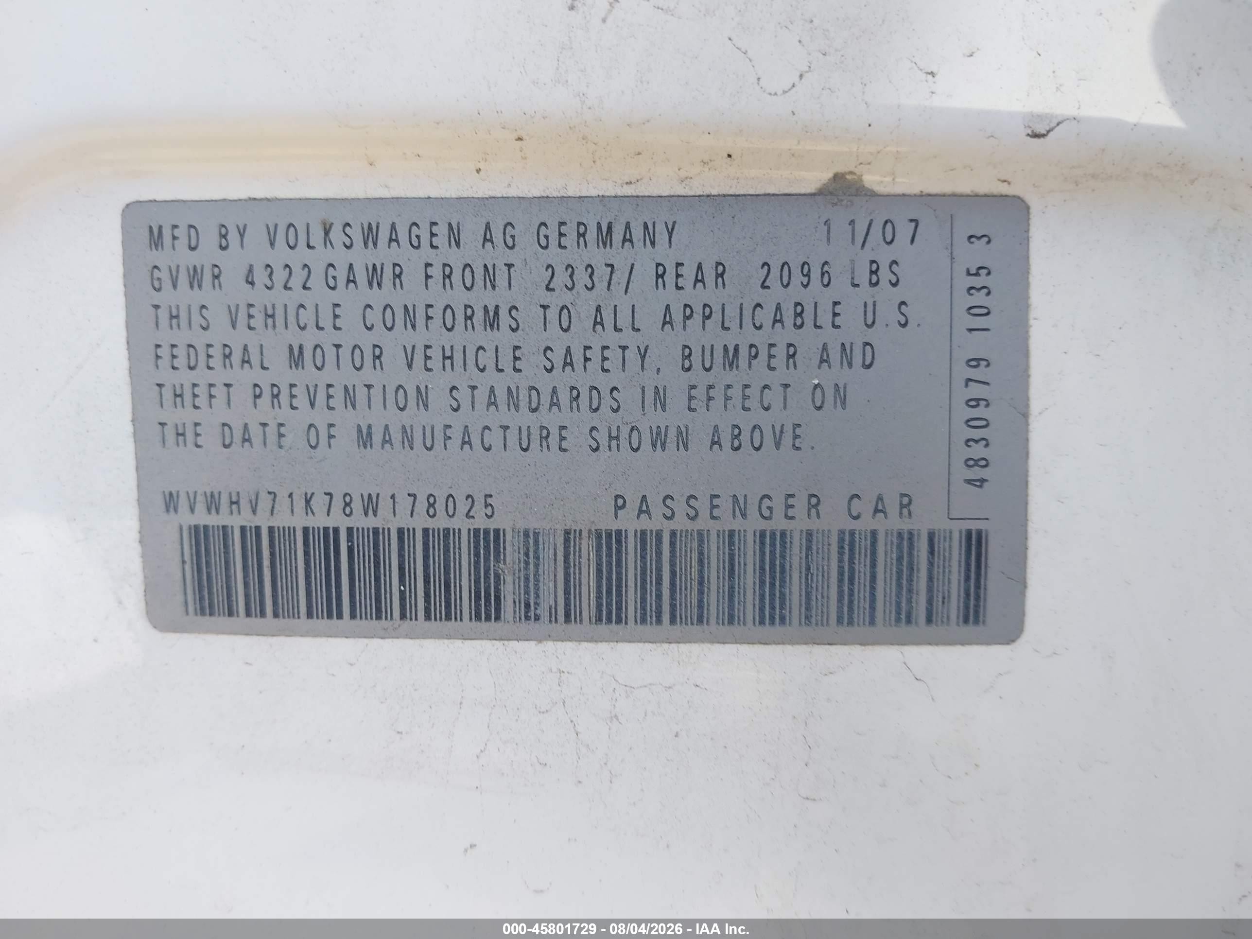 2008 Volkswagen Gti 4-door White vin: WVWHV71K78W178025