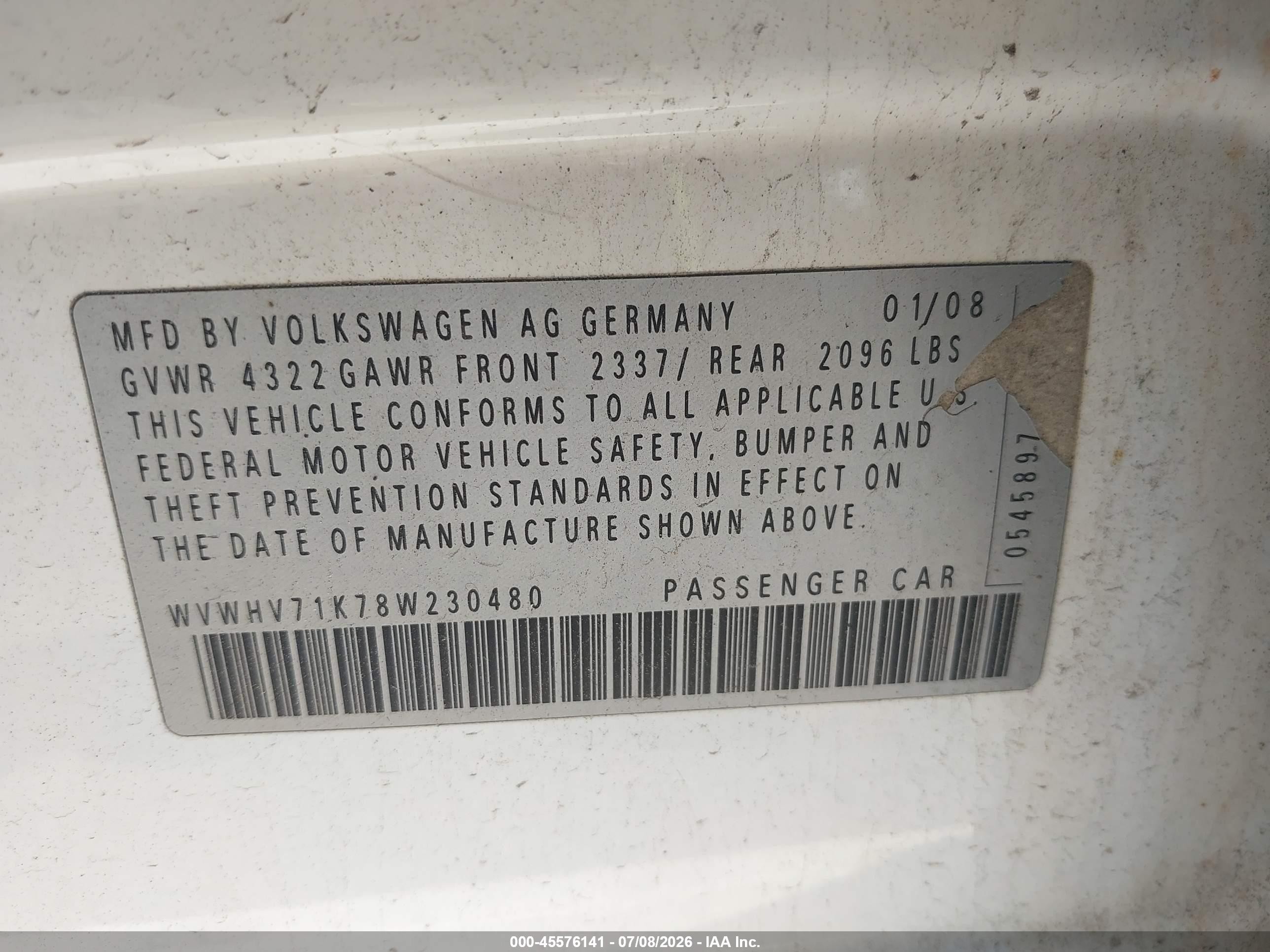 2008 Volkswagen Gti 4-door White vin: WVWHV71K78W230480