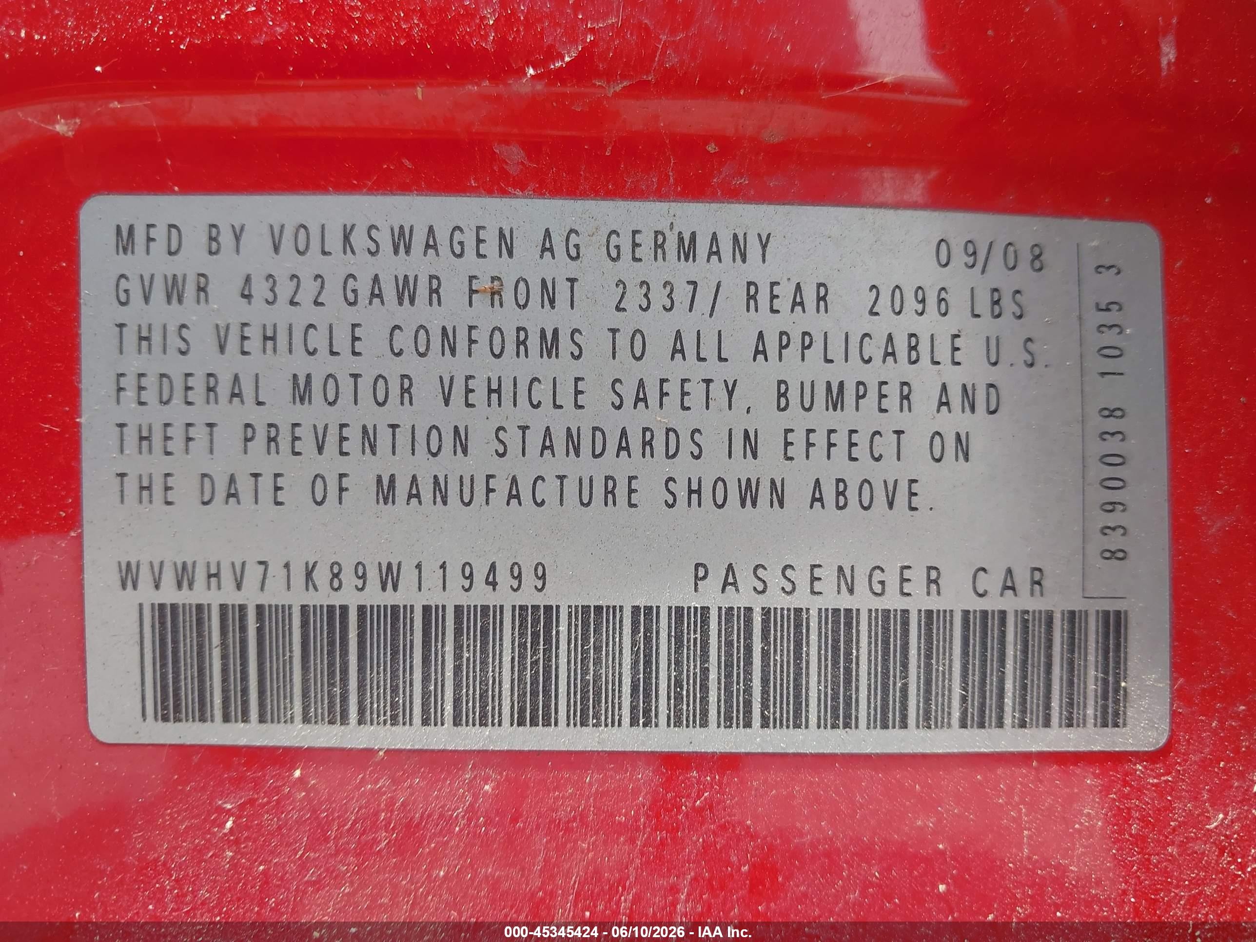 2009 Volkswagen Gti 4-door Red vin: WVWHV71K89W119499
