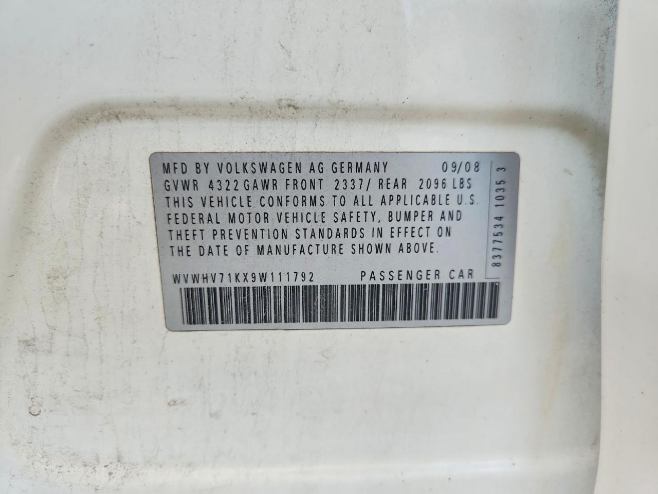 2009 Volkswagen Gti White vin: WVWHV71KX9W111792