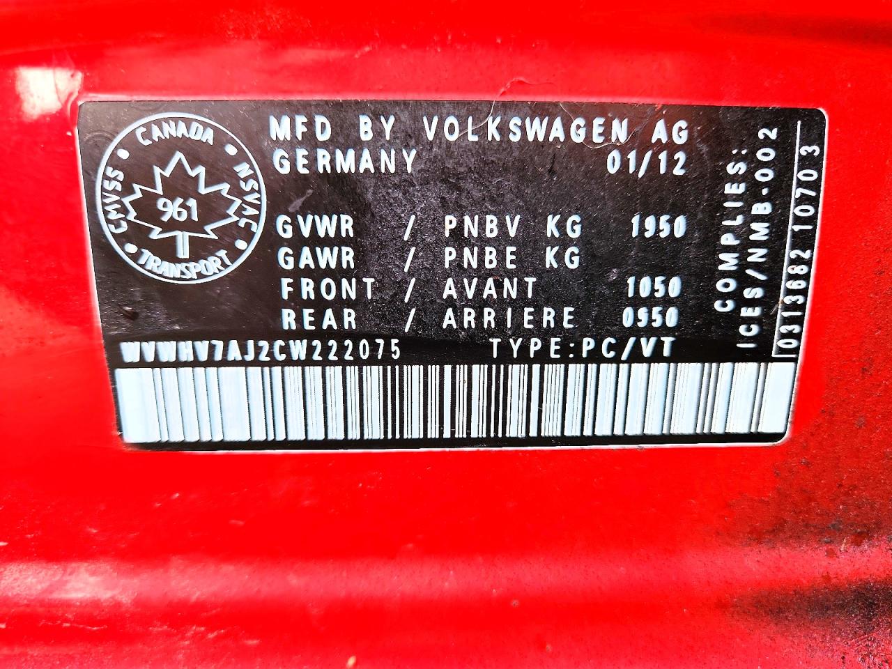 2012 Volkswagen Gti Red vin: WVWHV7AJ2CW222075