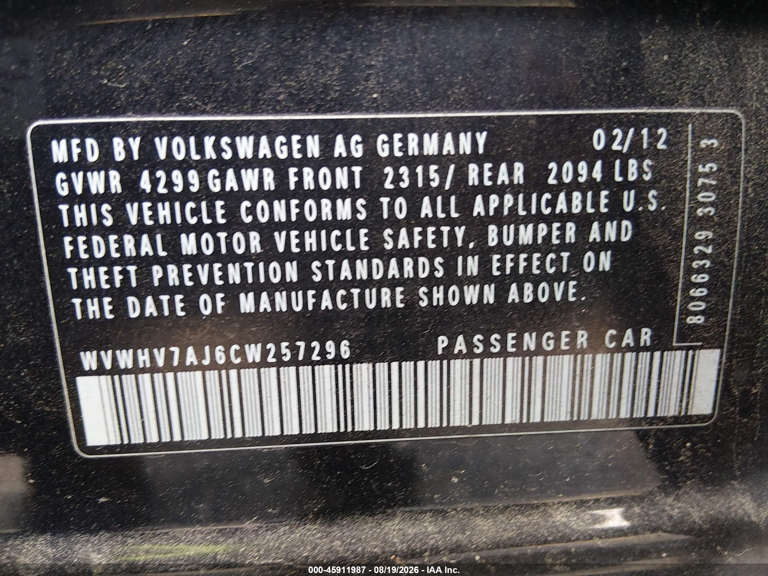 2012 Volkswagen Gti 4-door Black vin: WVWHV7AJ6CW257296