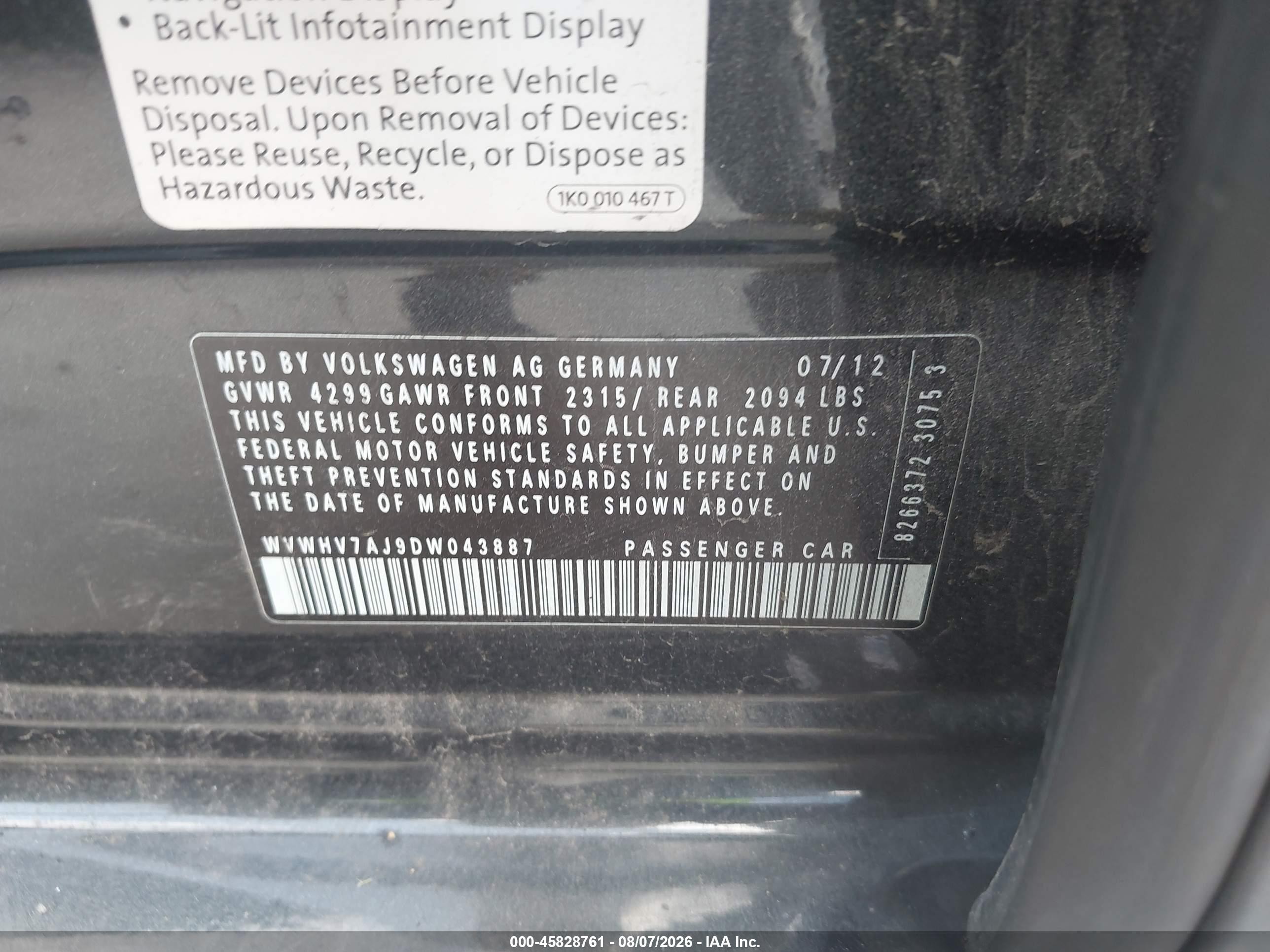 2013 Volkswagen Gti 4-door Black vin: WVWHV7AJ9DW043887
