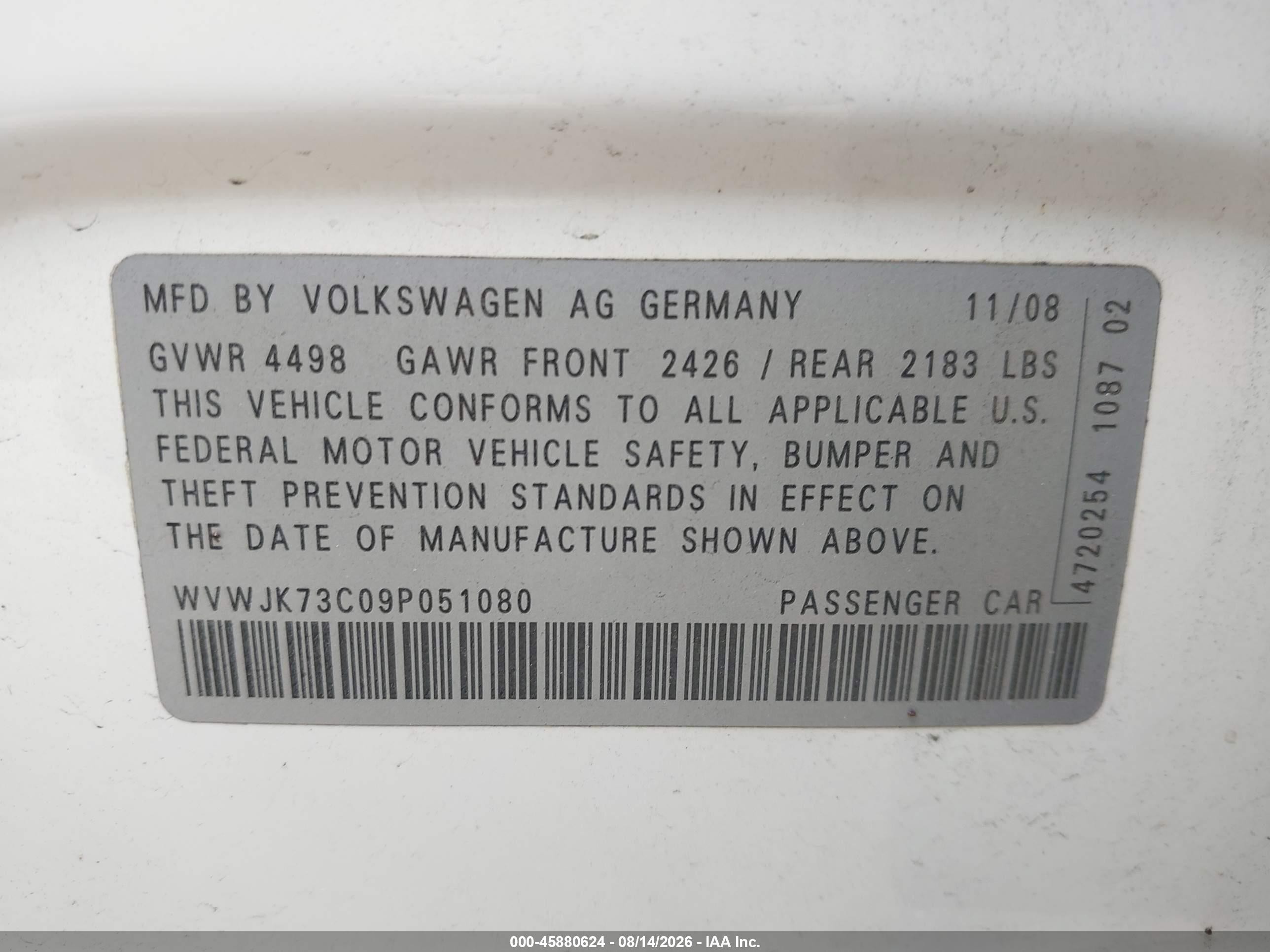 2009 Volkswagen Passat Komfort White vin: WVWJK73C09P051080