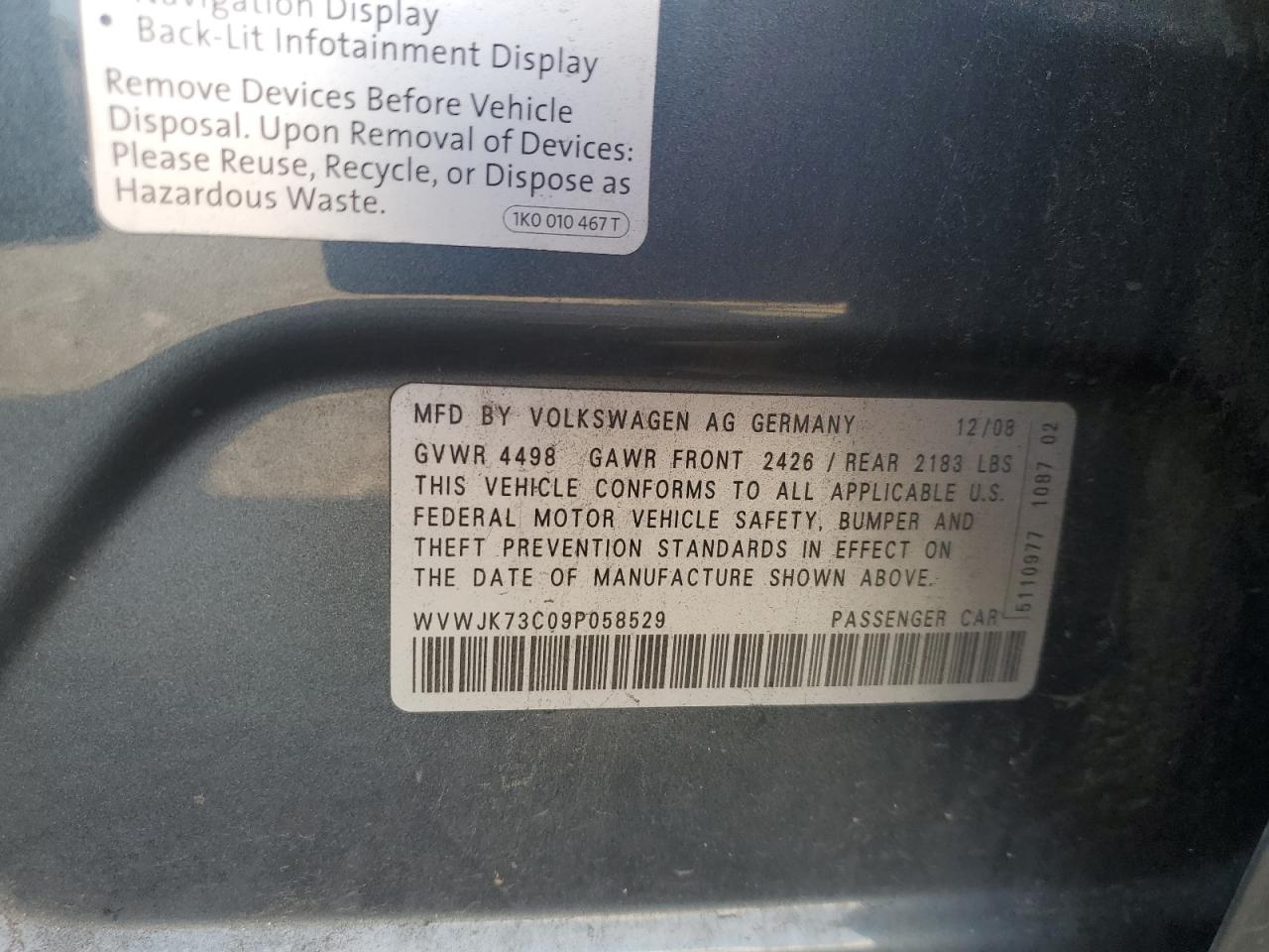 2009 Volkswagen Passat Turbo Charcoal vin: WVWJK73C09P058529