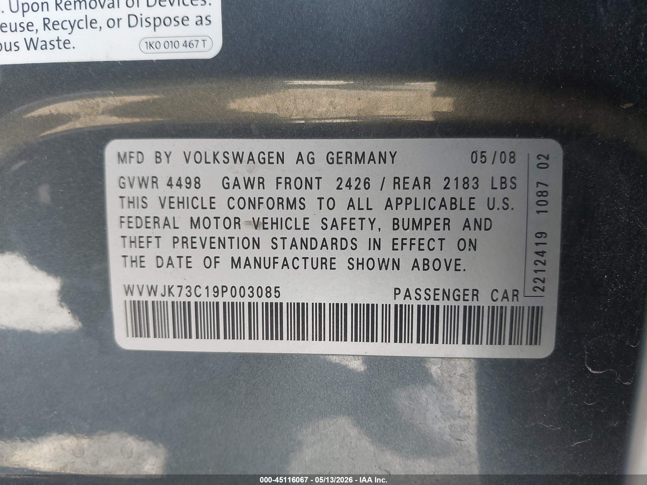 2009 Volkswagen Passat Komfort Gray vin: WVWJK73C19P003085