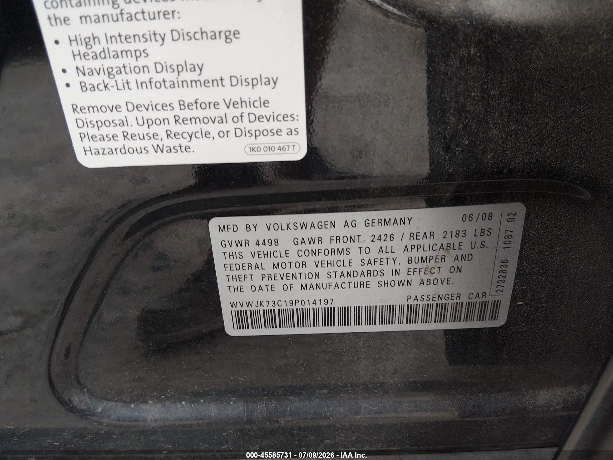 2009 Volkswagen Passat Komfort Черный vin: WVWJK73C19P014197