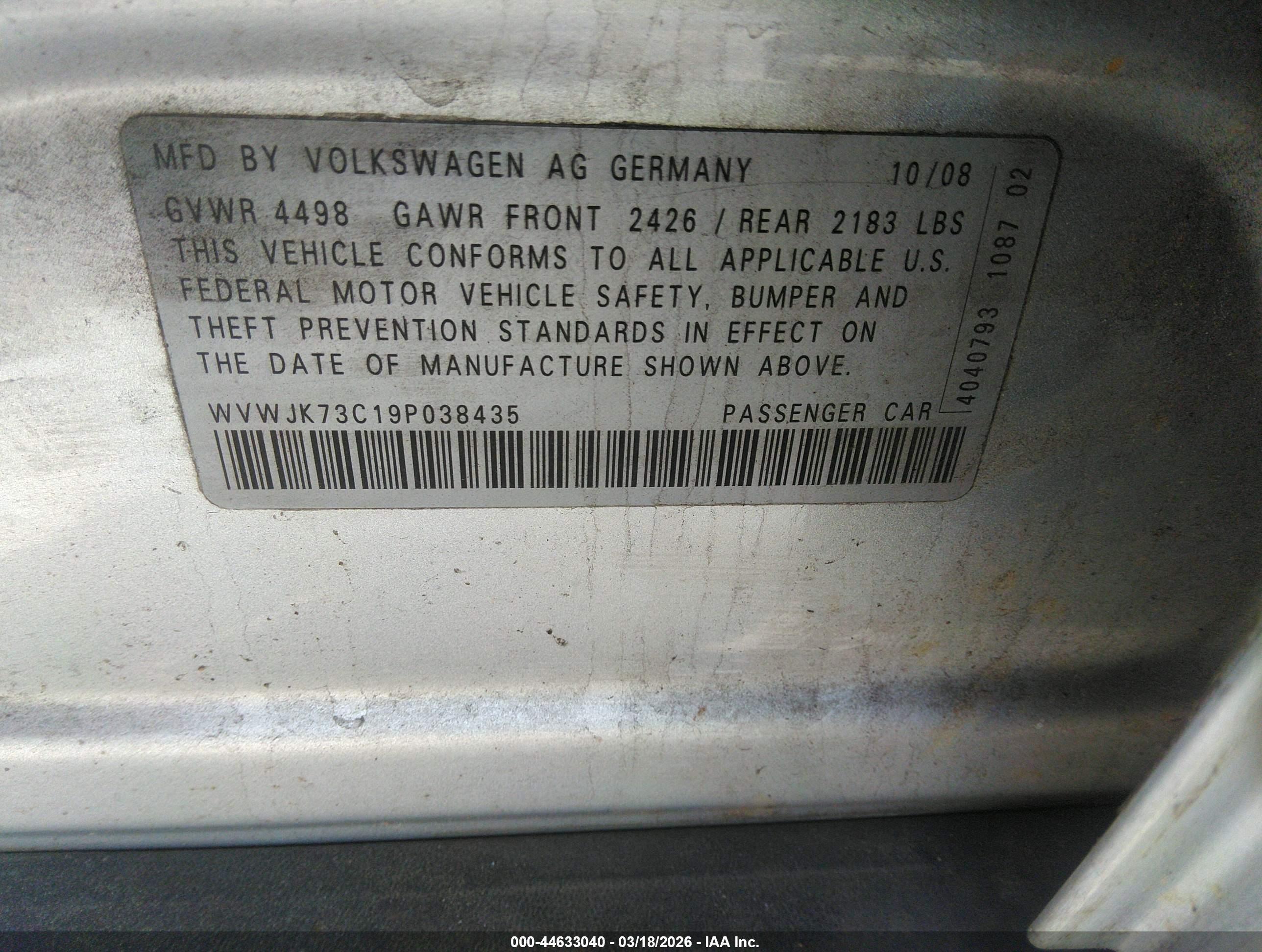 2009 Volkswagen Passat Komfort Silver vin: WVWJK73C19P038435