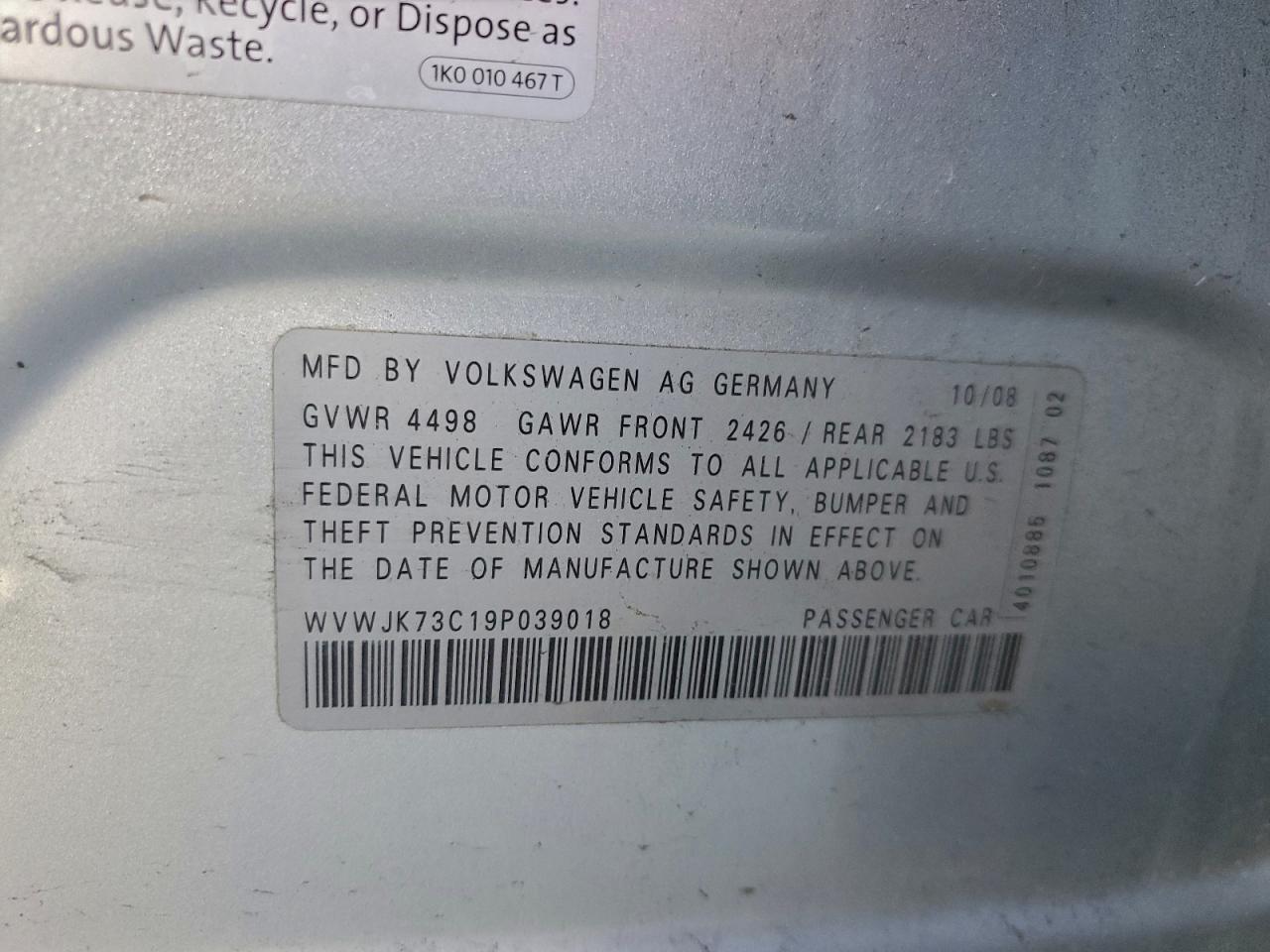 2009 Volkswagen Passat Turbo Silver vin: WVWJK73C19P039018