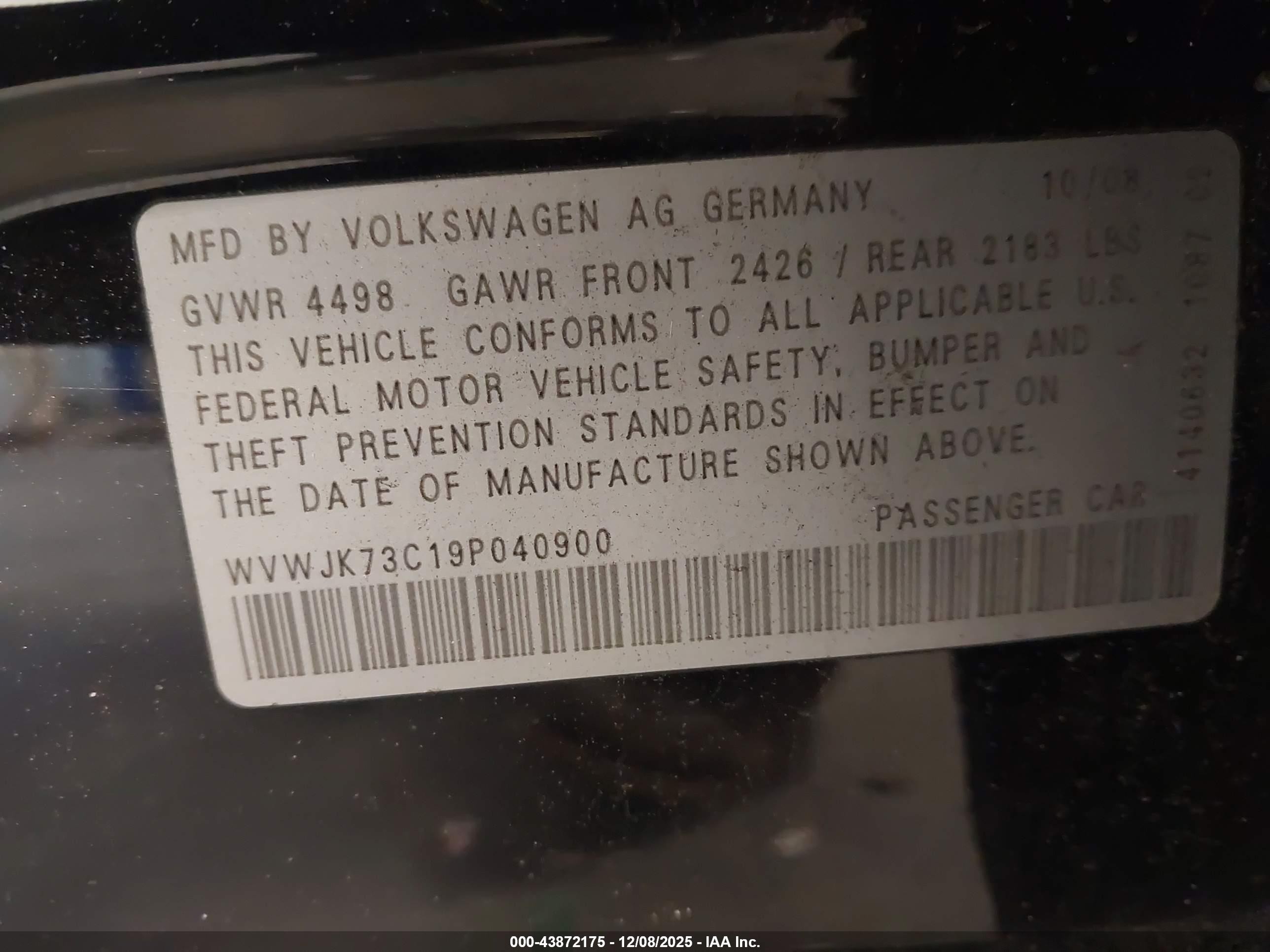 2009 Volkswagen Passat Komfort Black vin: WVWJK73C19P040900