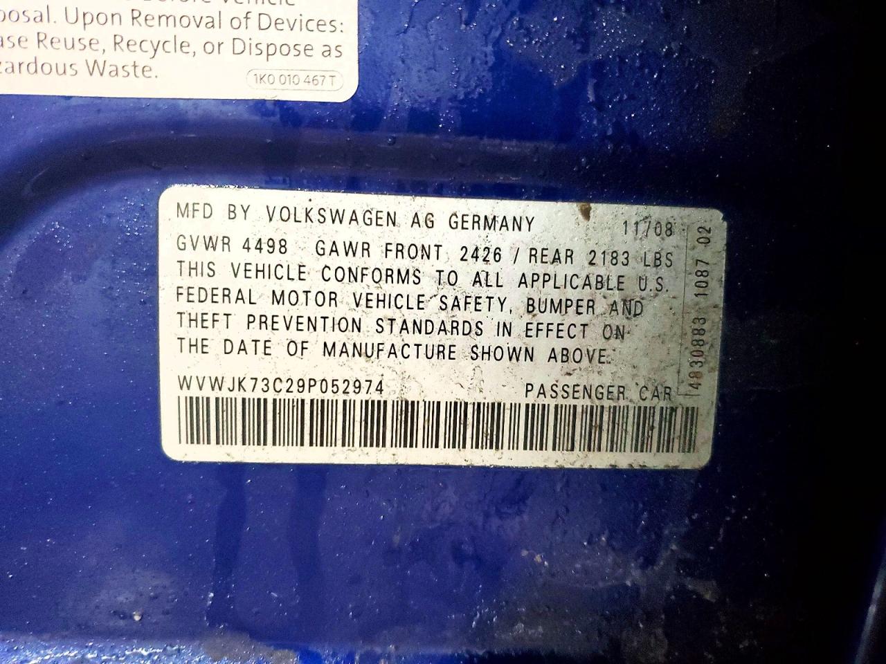 2009 Volkswagen Passat Turbo Blue vin: WVWJK73C29P052974