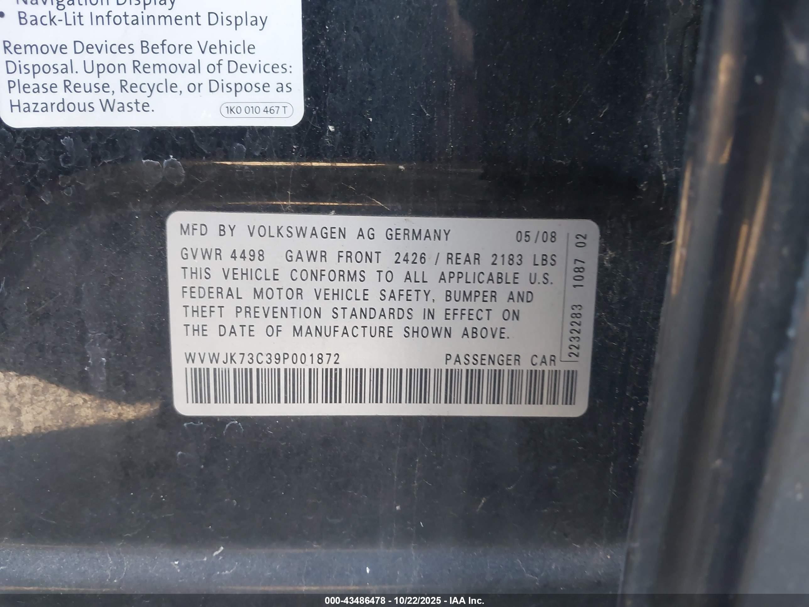2009 Volkswagen Passat Komfort Черный vin: WVWJK73C39P001872