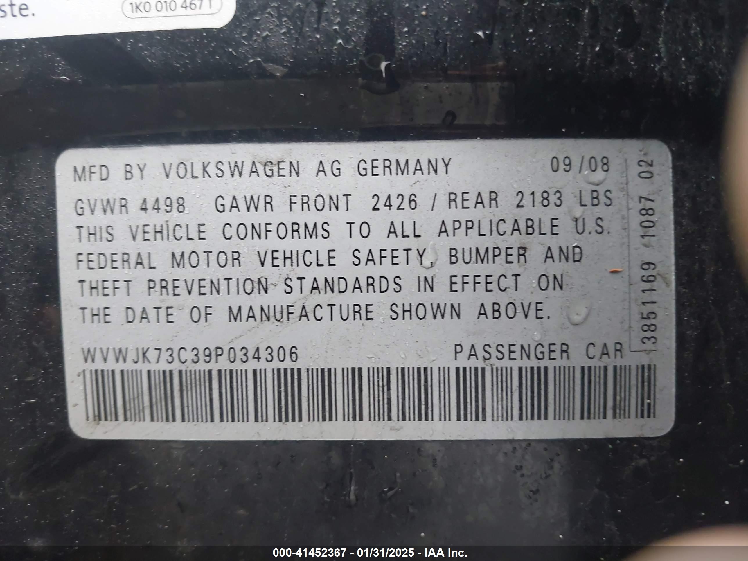 2009 Volkswagen Passat Komfort Black vin: WVWJK73C39P034306