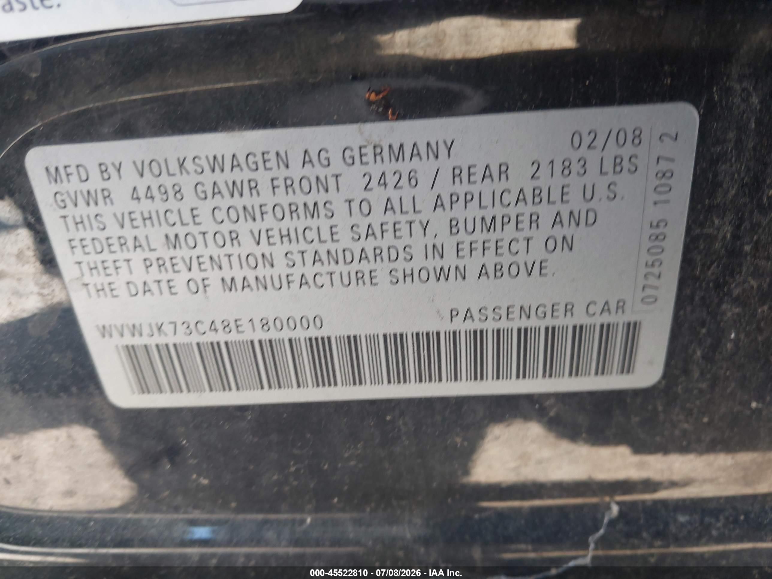 2008 Volkswagen Passat Turbo Black vin: WVWJK73C48E180000