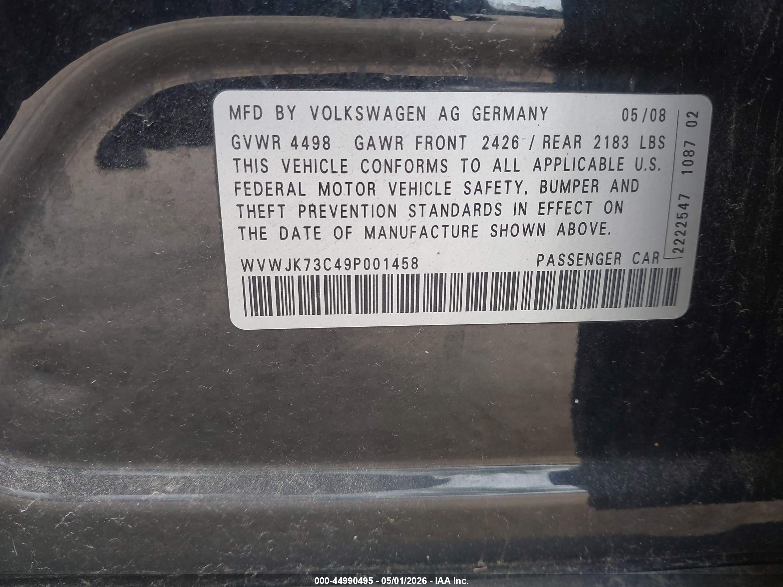 2009 Volkswagen Passat Komfort Black vin: WVWJK73C49P001458