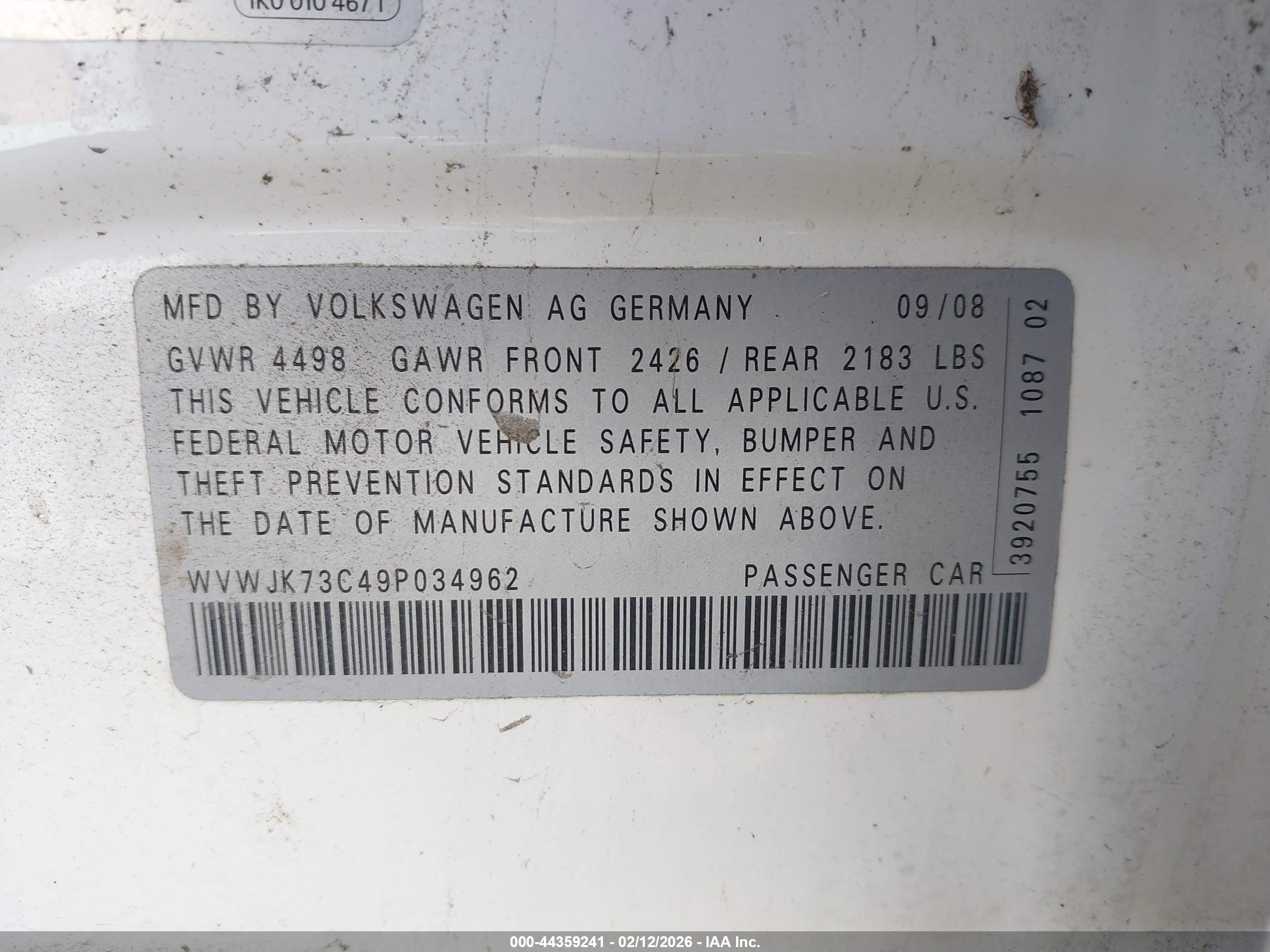 2009 Volkswagen Passat Komfort White vin: WVWJK73C49P034962