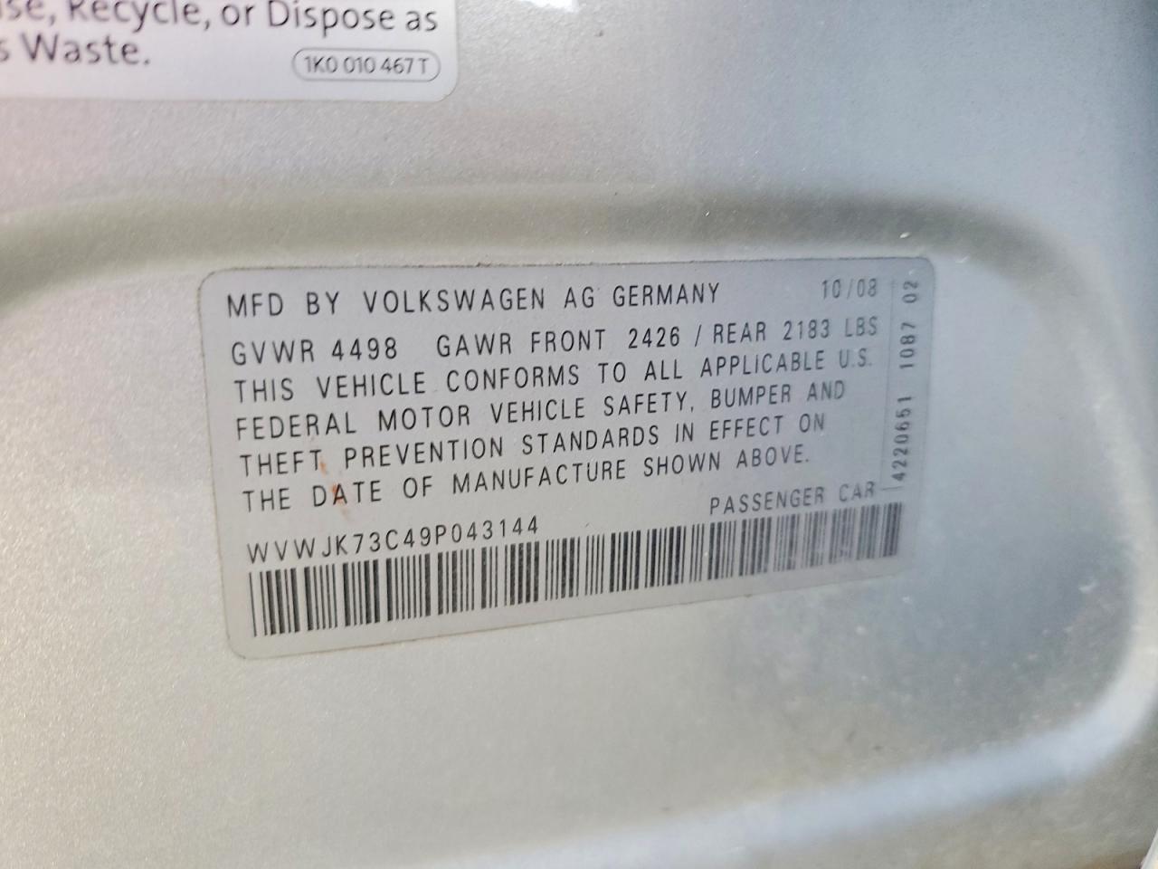 2009 Volkswagen Passat Turbo Silver vin: WVWJK73C49P043144