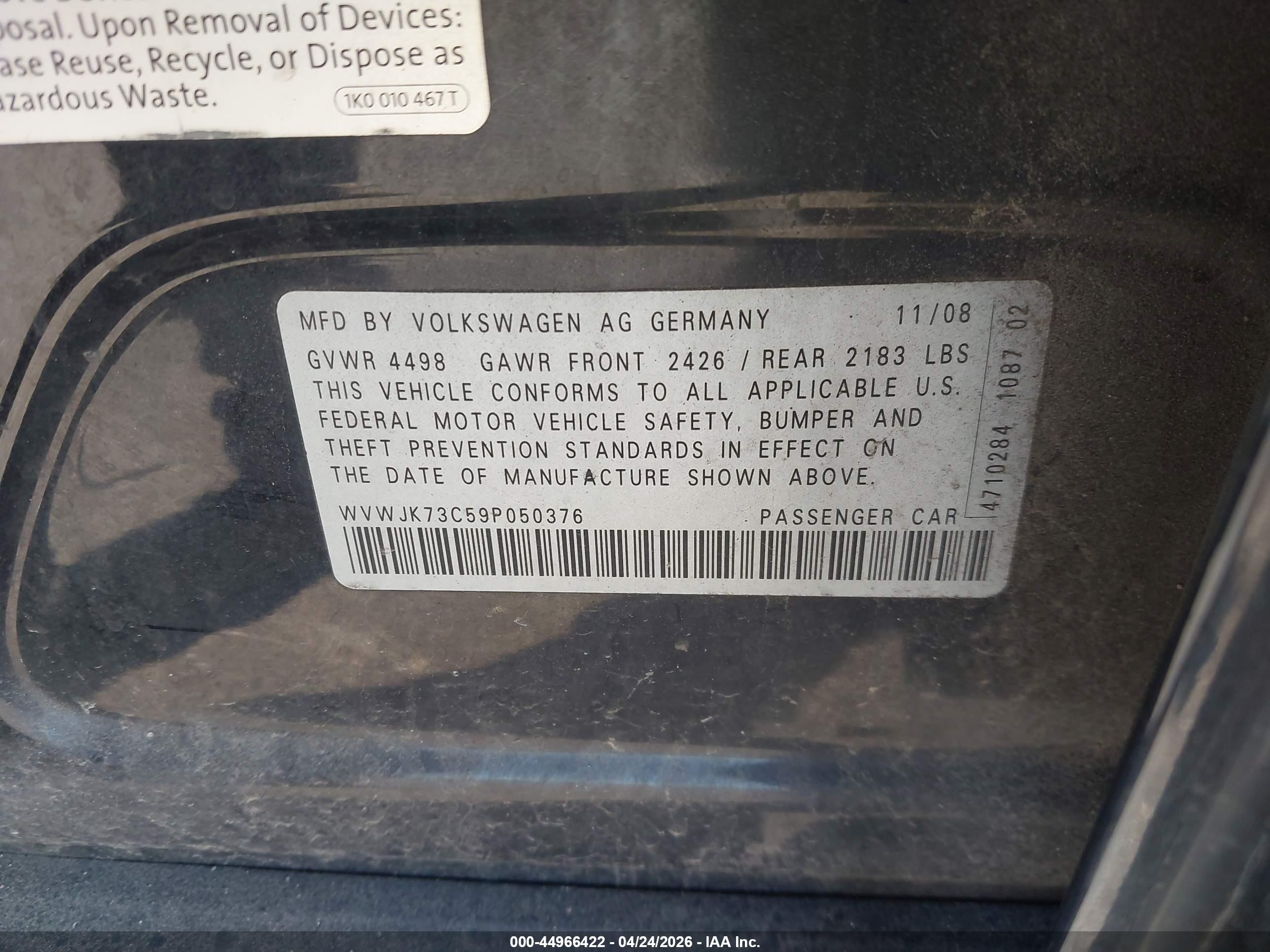 2009 Volkswagen Passat Komfort Black vin: WVWJK73C59P050376