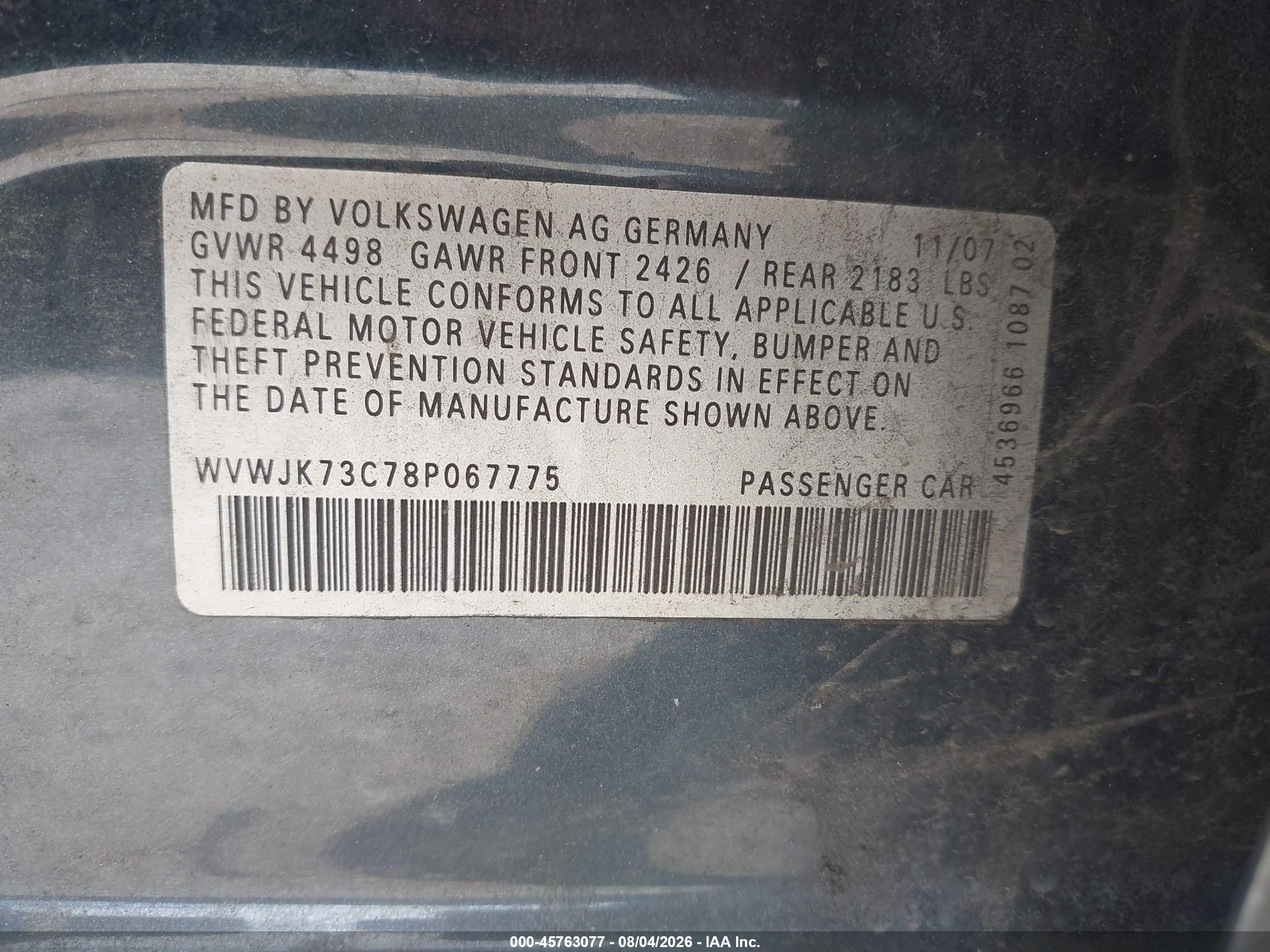 2008 Volkswagen Passat Turbo Dark Blue vin: WVWJK73C78P067775