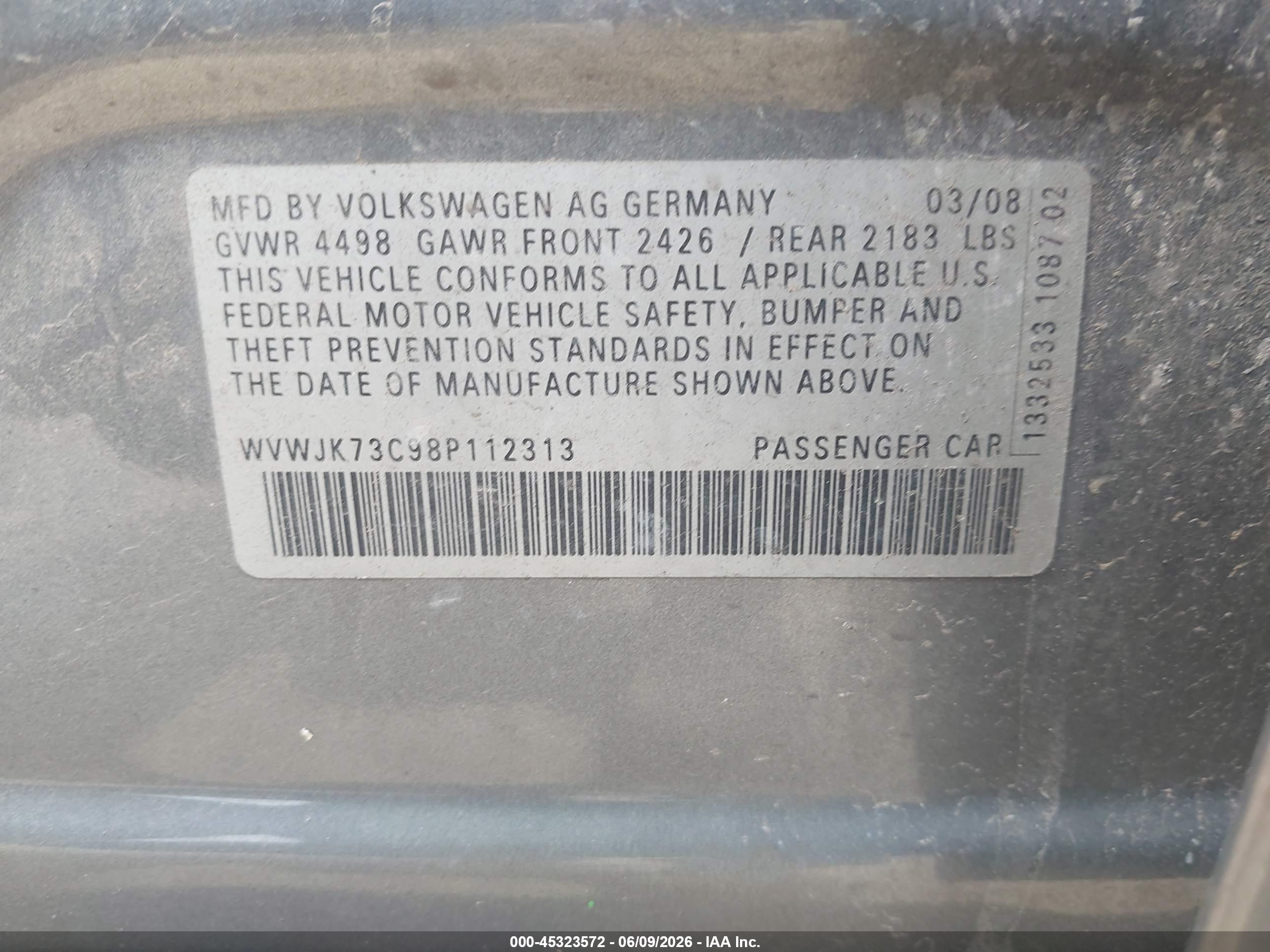 2008 Volkswagen Passat Turbo Gray vin: WVWJK73C98P112313