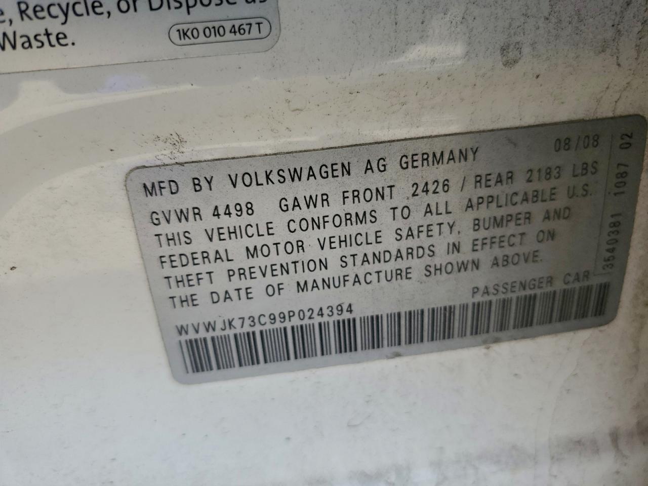 2009 Volkswagen Passat Turbo White vin: WVWJK73C99P024394