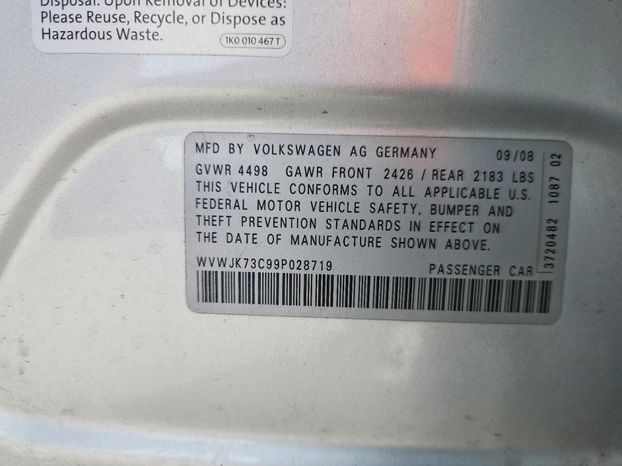 2009 Volkswagen Passat Turbo Silver vin: WVWJK73C99P028719