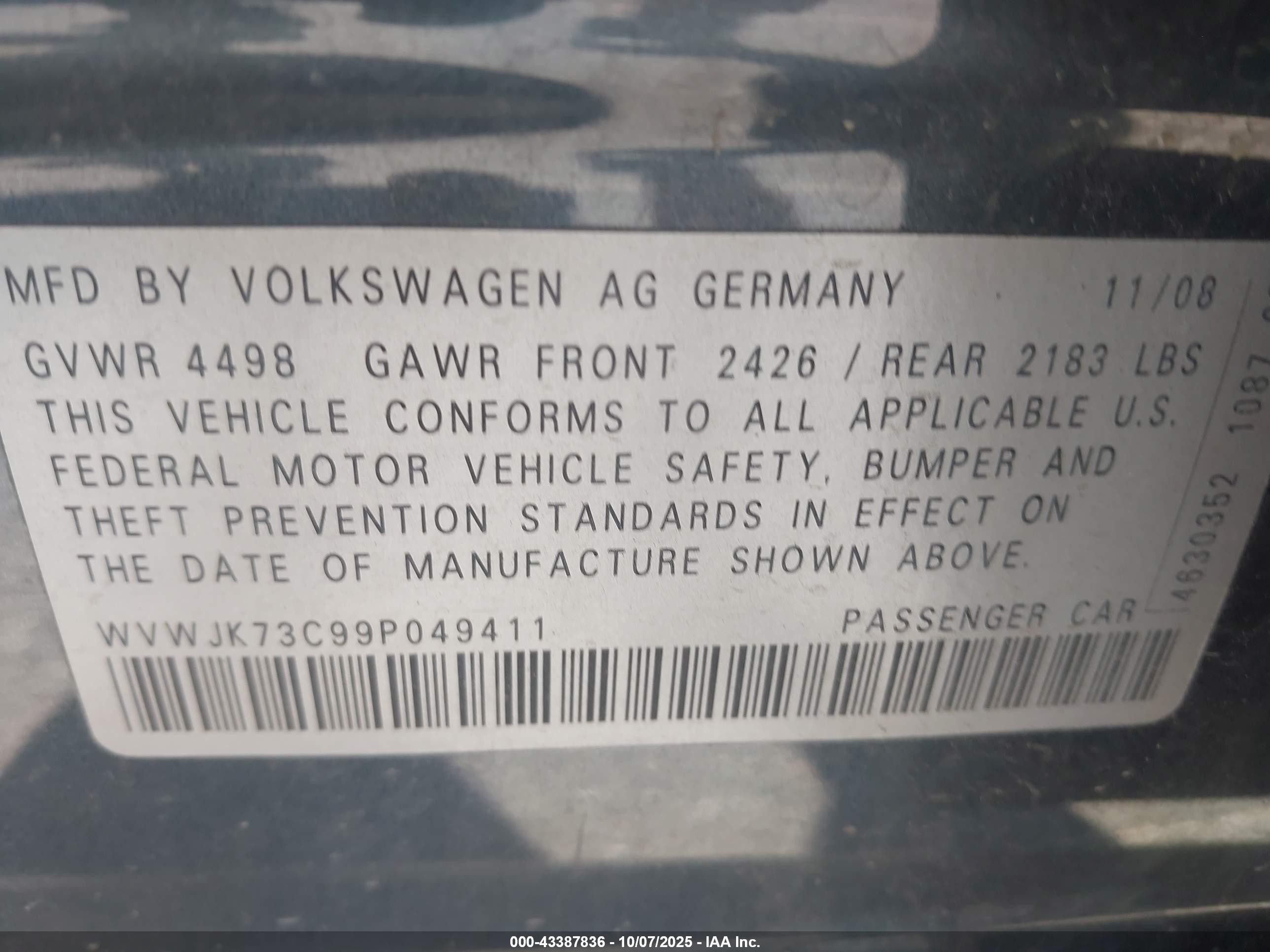 2009 Volkswagen Passat Komfort Gray vin: WVWJK73C99P049411