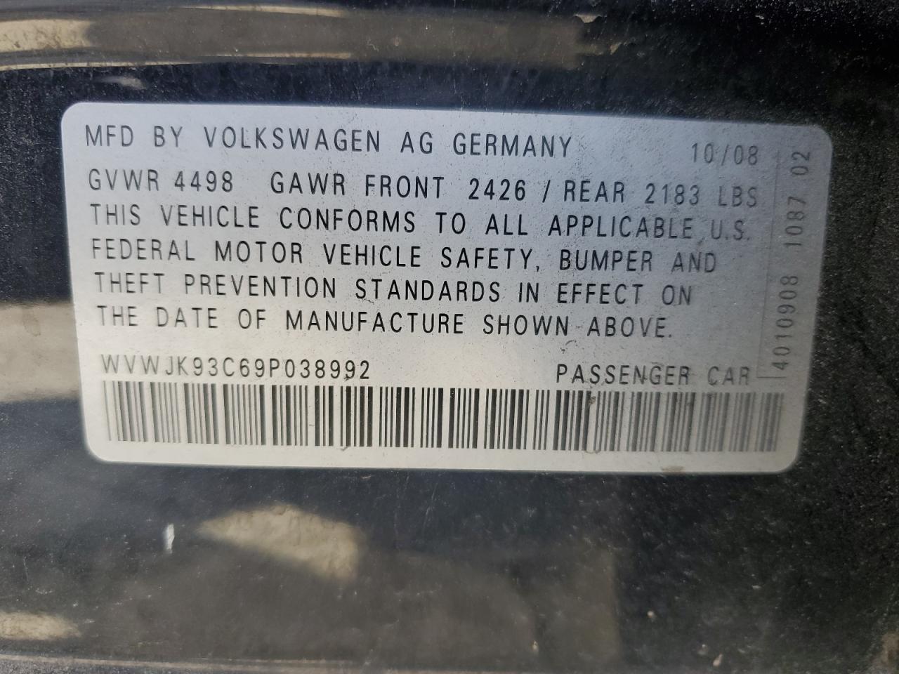 2009 Volkswagen Passat Turbo Black vin: WVWJK93C69P038992